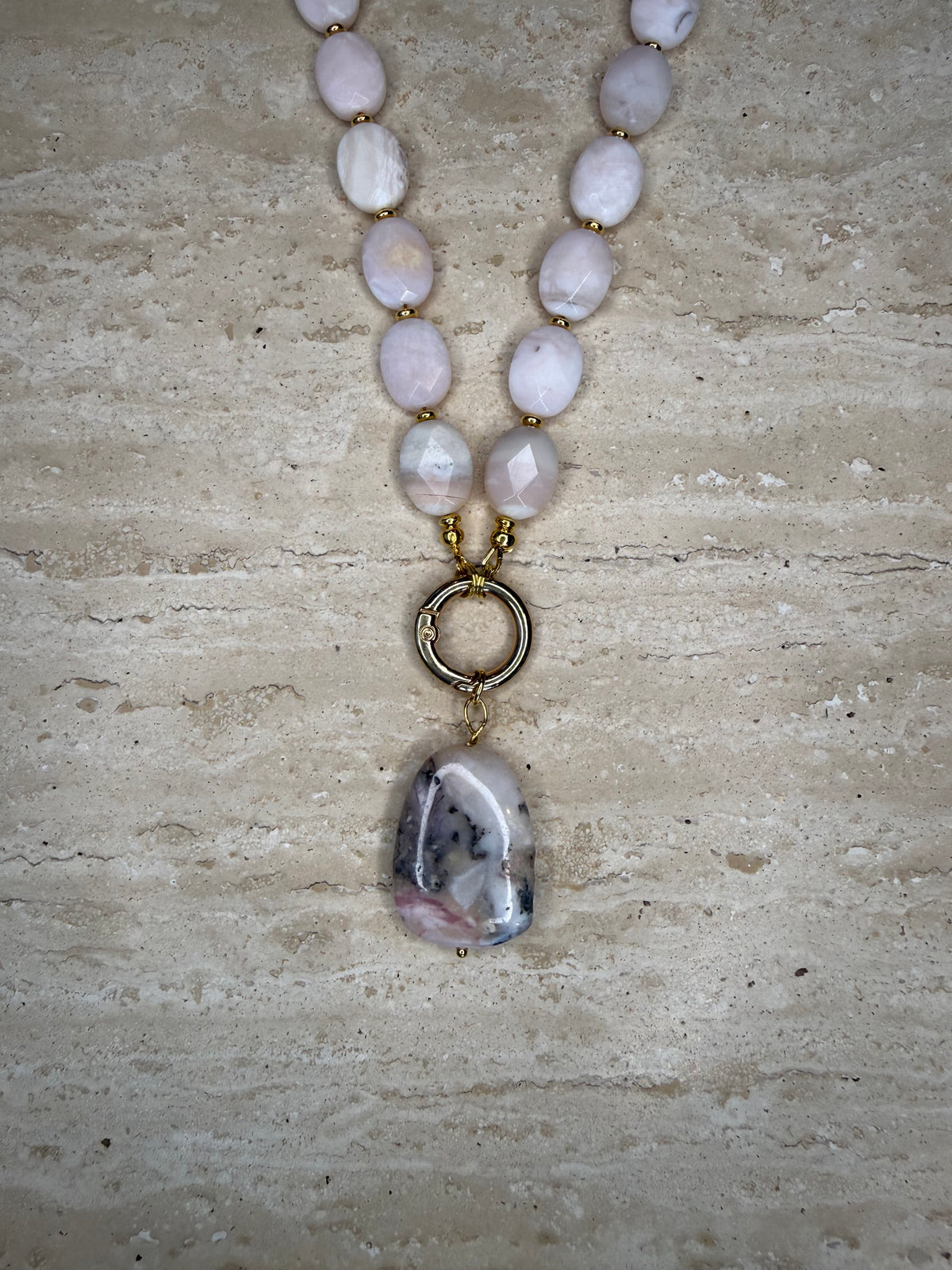 Peruvian Pink Opal Necklace and Pendant - Gold Toned