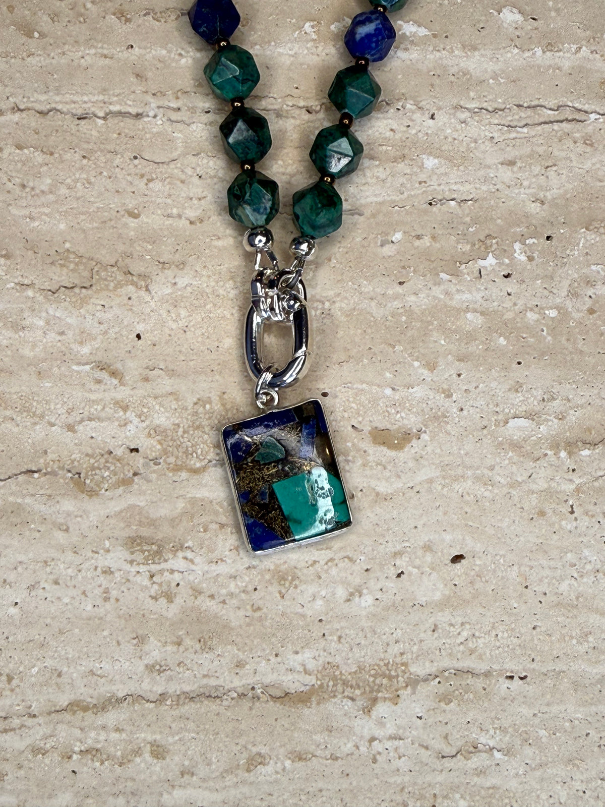 Azurite Malachite Necklace and Pendant - Silver Plated