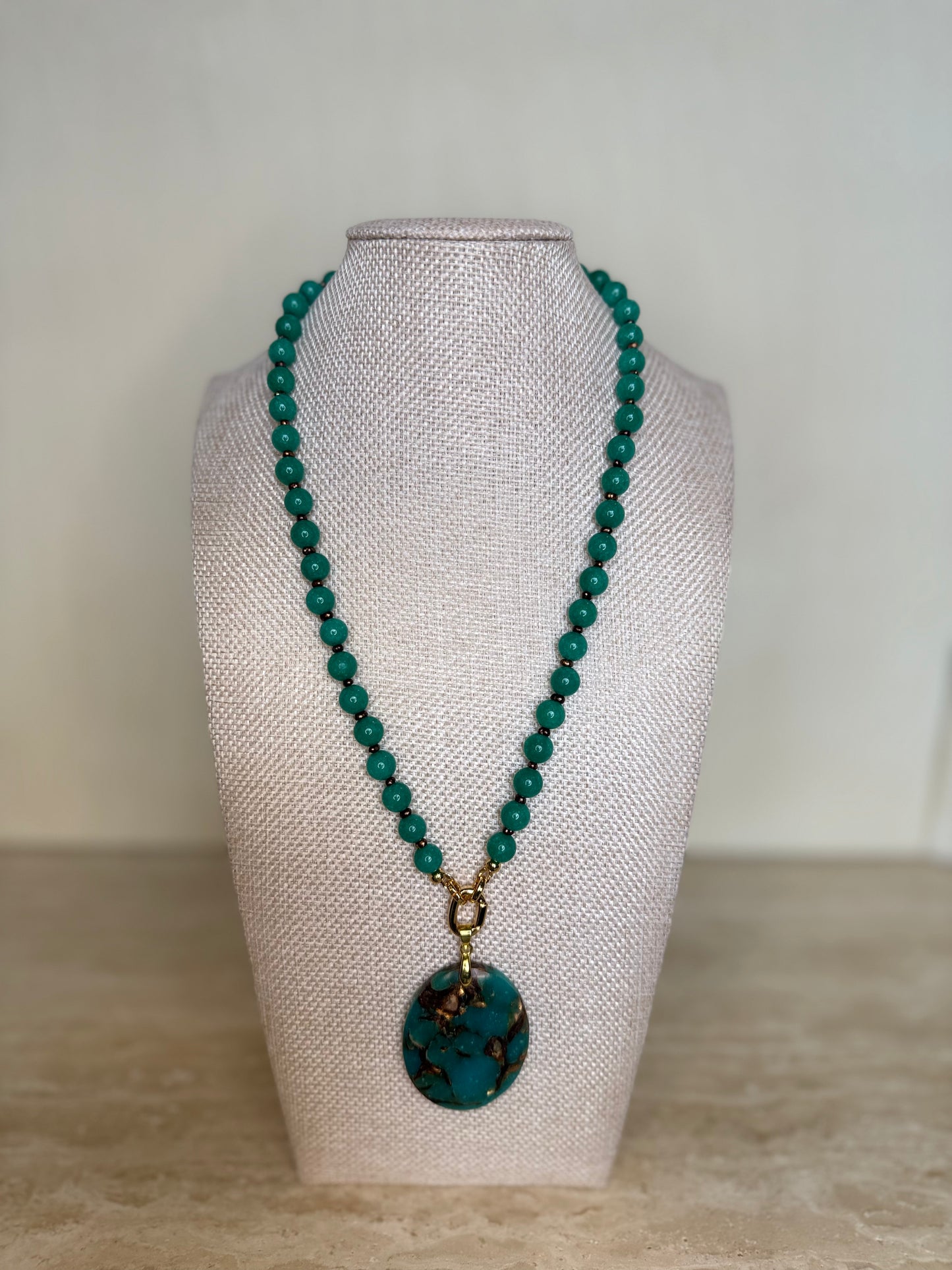 Green Onyx Necklace with Onyx and Bronzite Pendant - Gold Plated