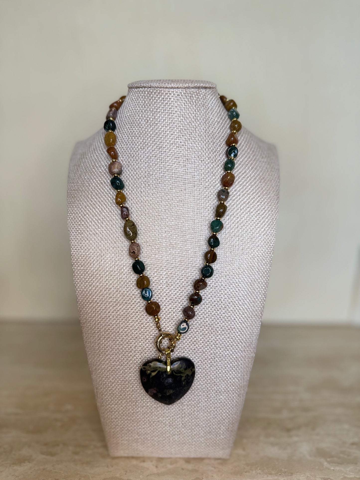 Ocean Jasper Necklace and Heart Pendant - Gold Toned