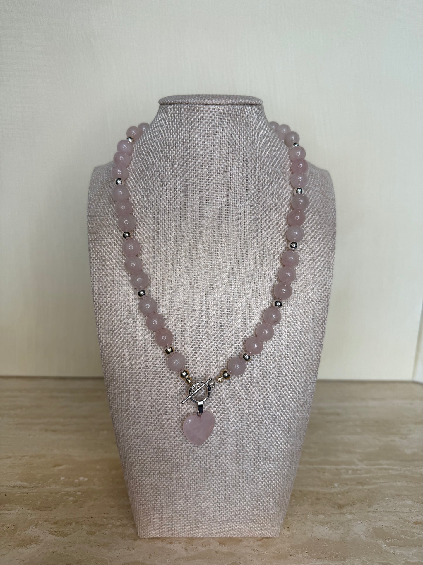 Rose Quartz Necklace and Heart Pendant - Silver Plated