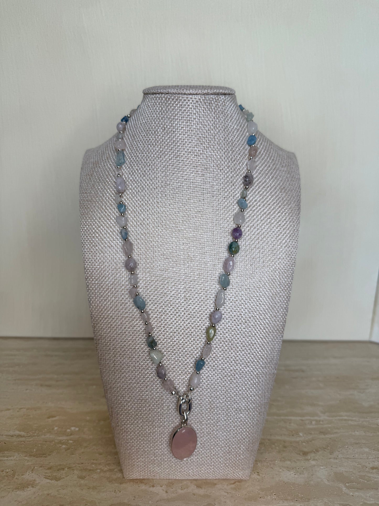 Morganite Necklace with Rose Quartz Pendant - Silver Plated