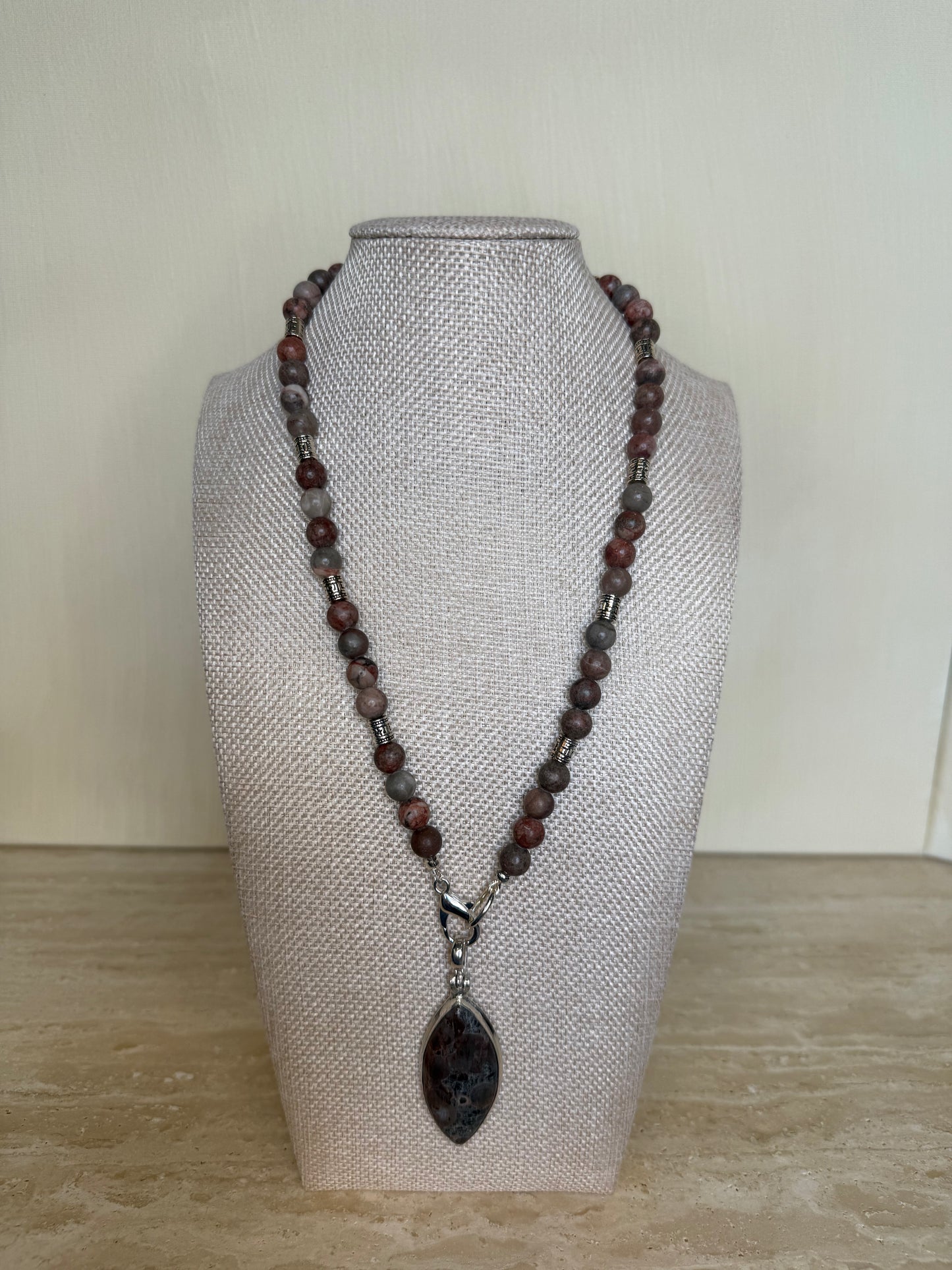 Plum Blossom Jasper with Mud Crack Fossil Pendant - Silver Plated