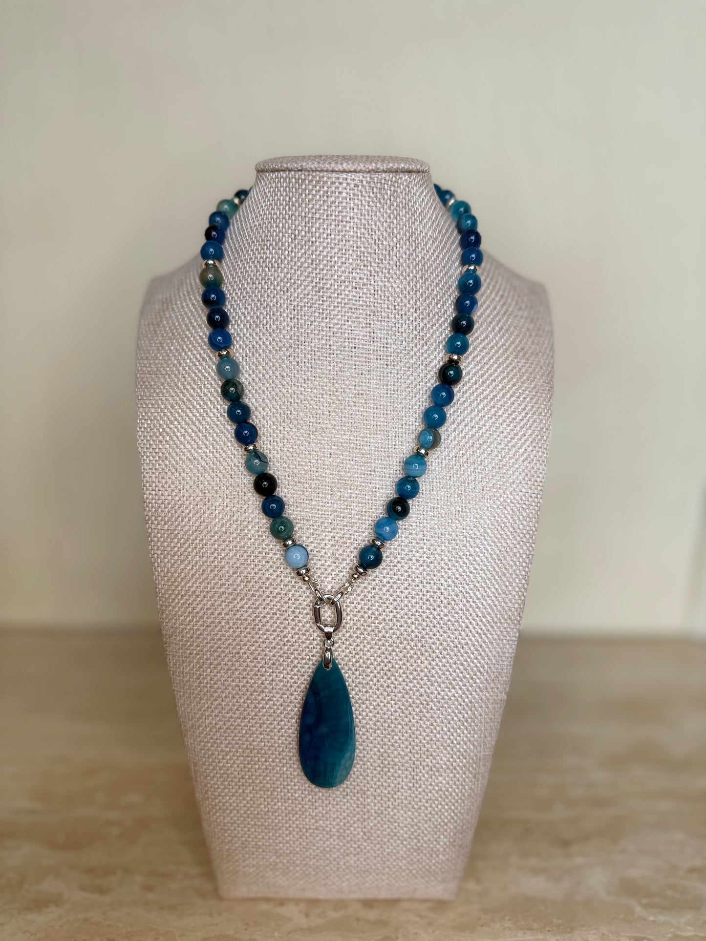 Banded Agate Necklace with Dragon Vein Agate Pendant - Silver Plated