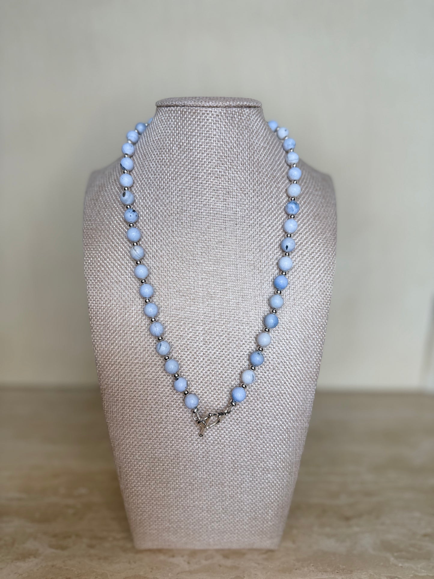 Blue and White Agate Necklace - Silver Plated