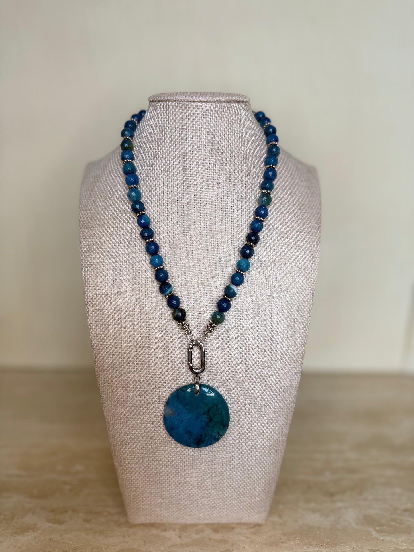 Banded Agate Necklace with Dragon Vein Agate Pendant - Silver Plated