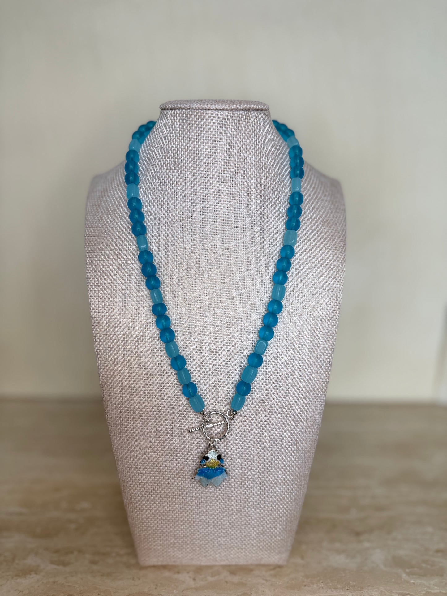 Blue Chalcedony and Glass Necklace with Enamel Fish Charm - Silver Plated