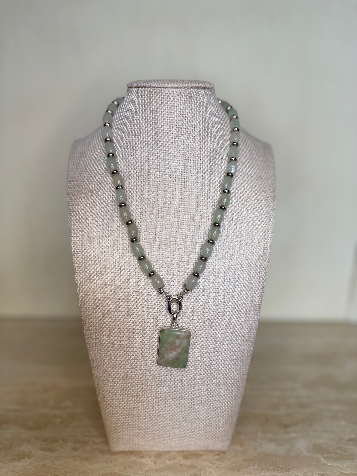 New Jade Necklace and Prehnite Pendant - Silver Plated