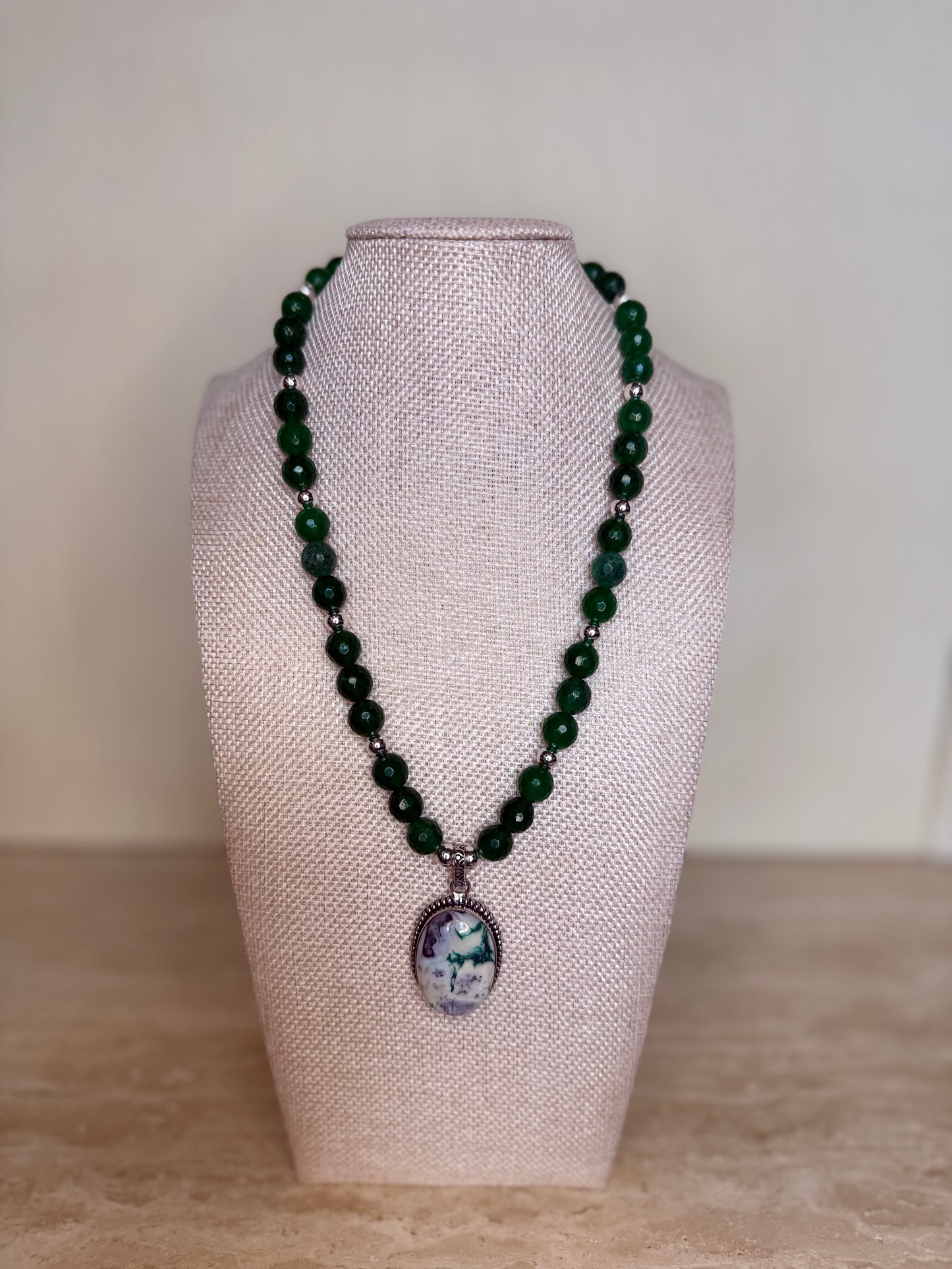 Green Agate Necklace with Dendritic Opal Pendant - Silver Plated