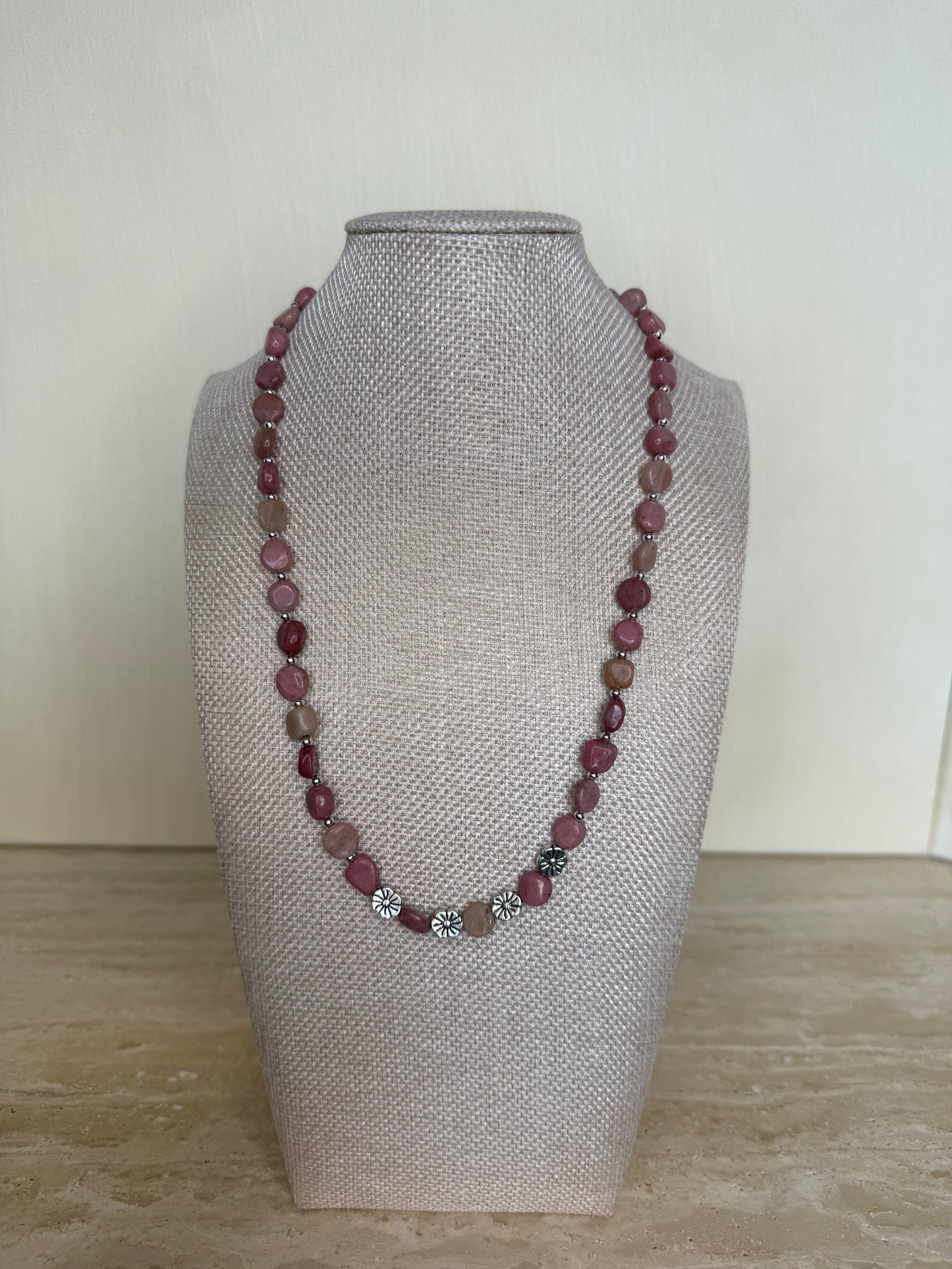 Rhodonite Necklace with Flower Accents - Silver Toned