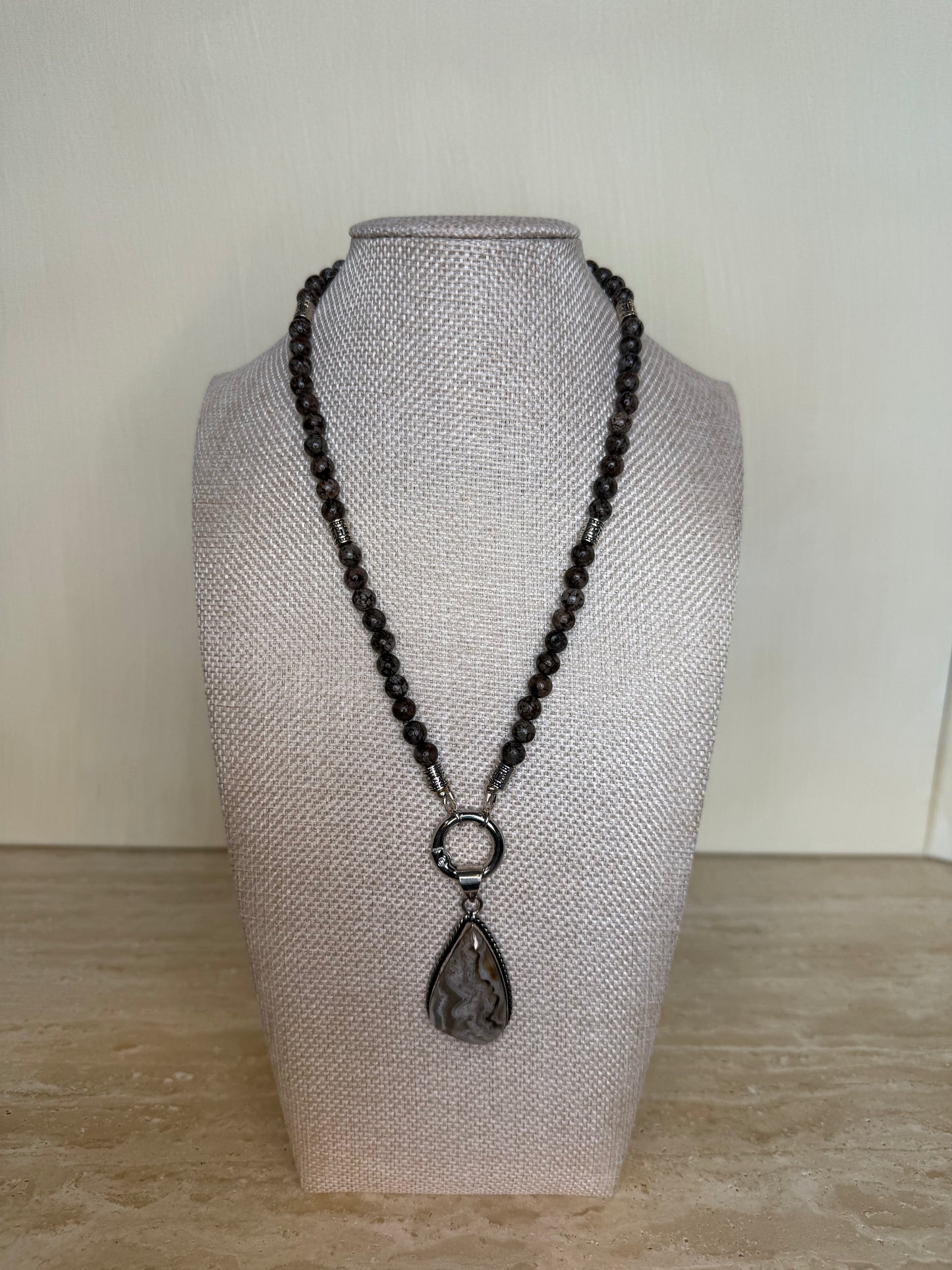 Brown Snowflake Obsidian with Lace Agate Pendant - Silver Toned