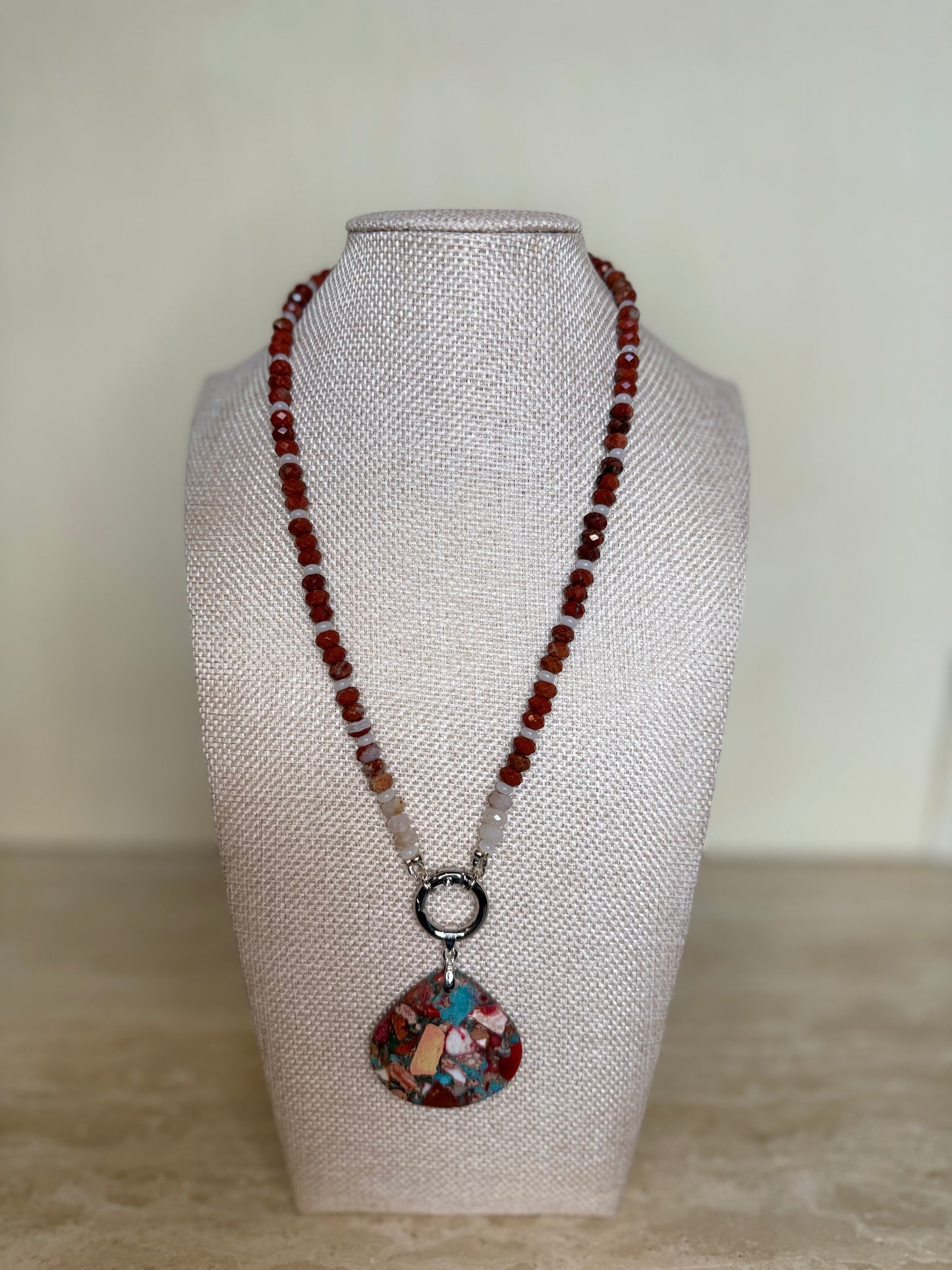 Red Creek Jasper Necklace with Composite Turquoise Pendant - Silver Toned