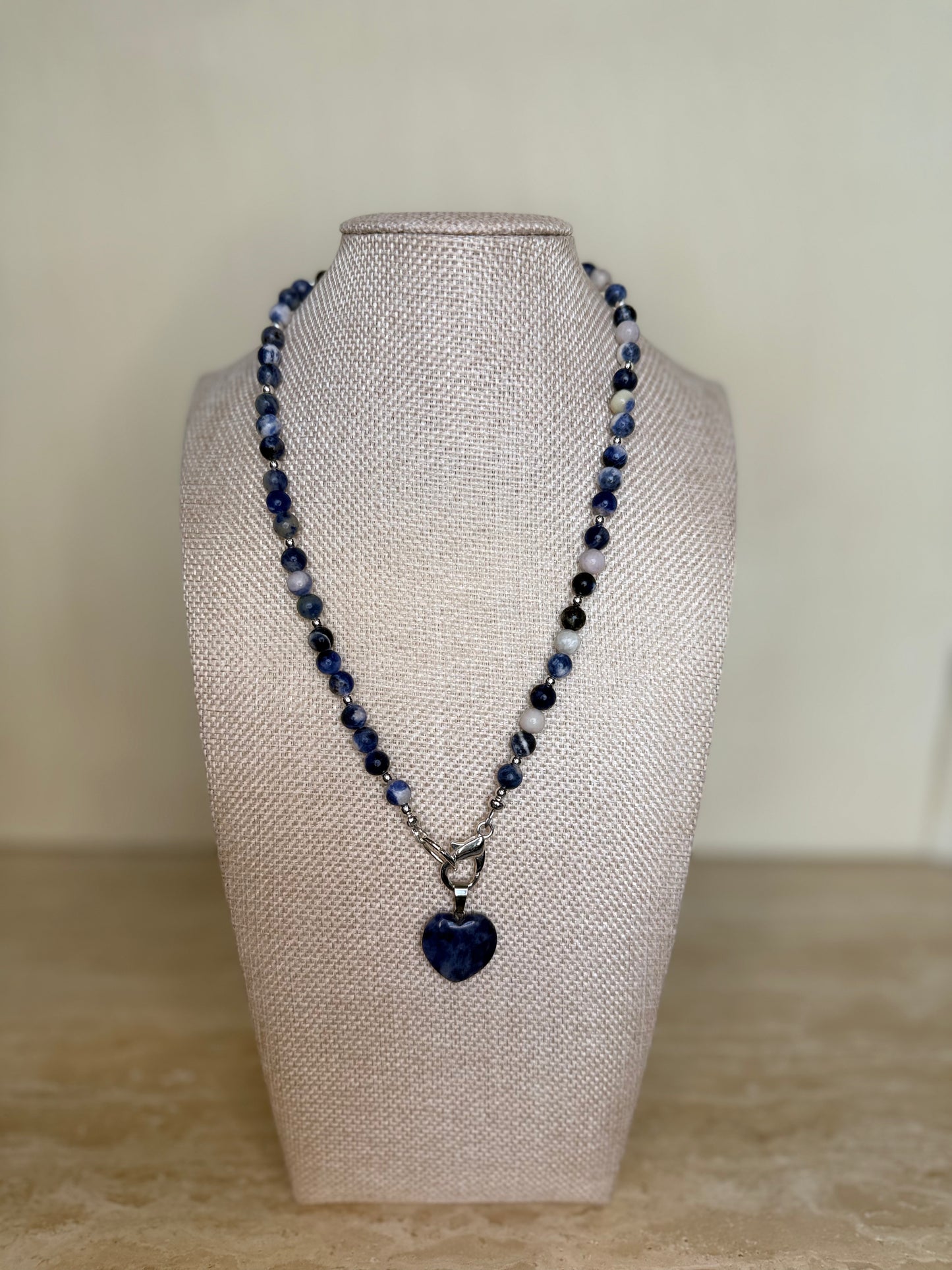 Sodalite Necklace and Heart Pendant - Silver Toned