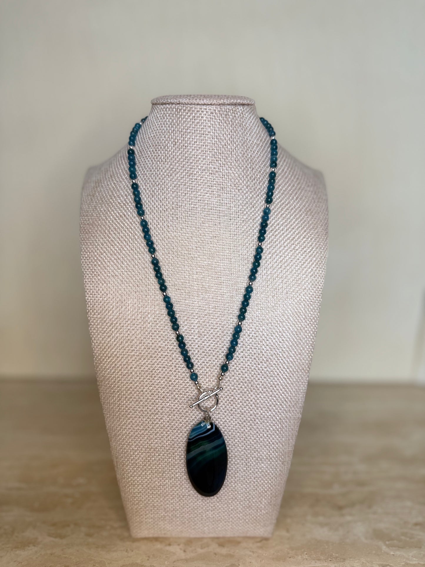 Navy Malaysian Jade Necklace with Striped Agate Pendant - Silver Toned