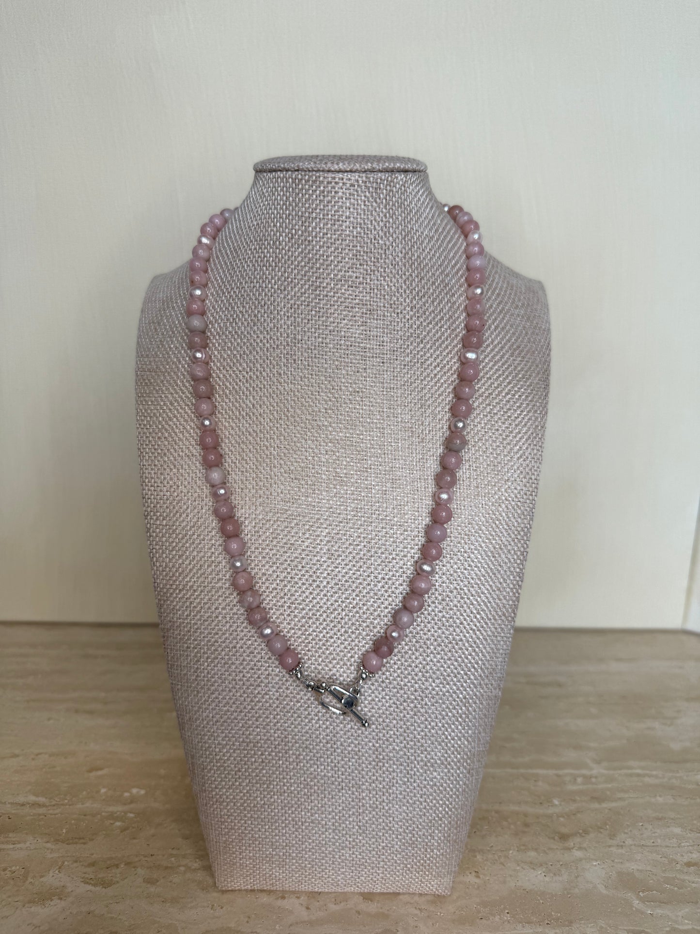 Peruvian Pink Opal Necklace with Fresh Water Pearls - Silver Plated