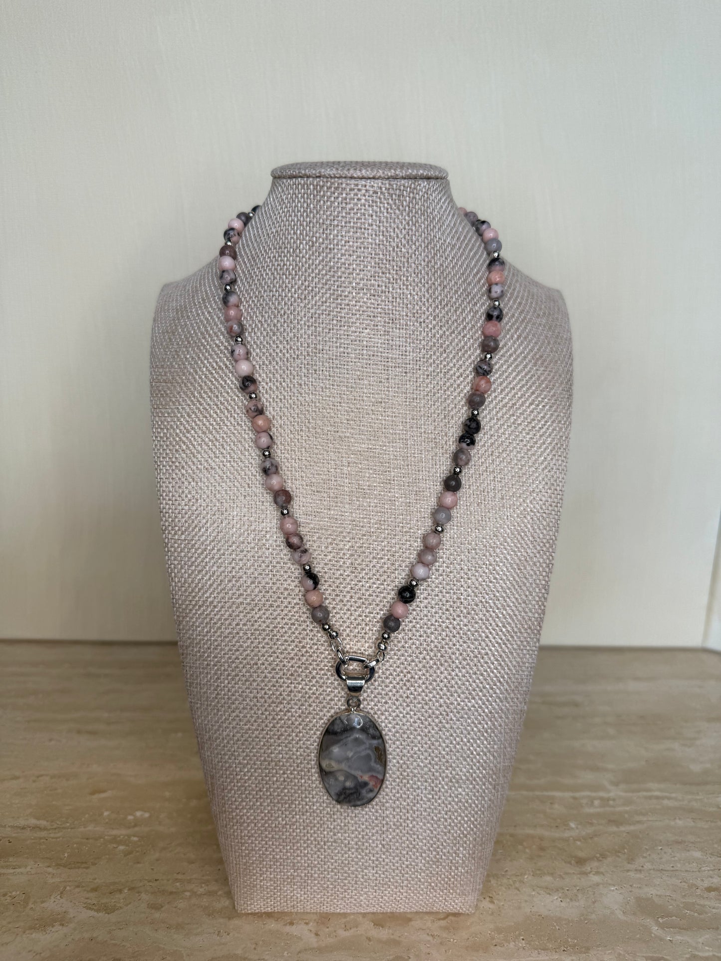 Peruvian Pink Opal Necklace with Agate Pendant - Silver Plated