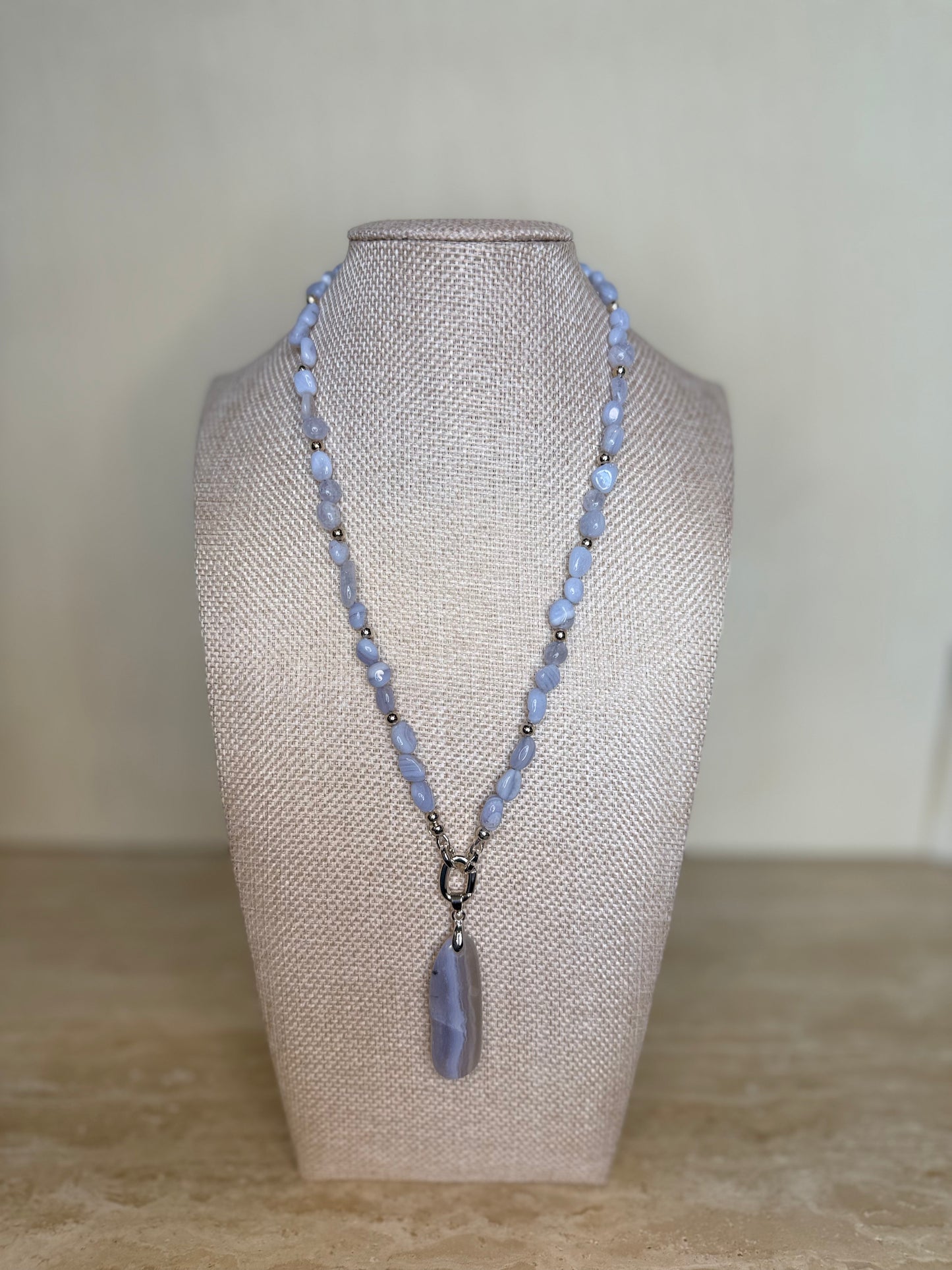 Blue Lace Agate Necklace and Pendant - Silver Plated