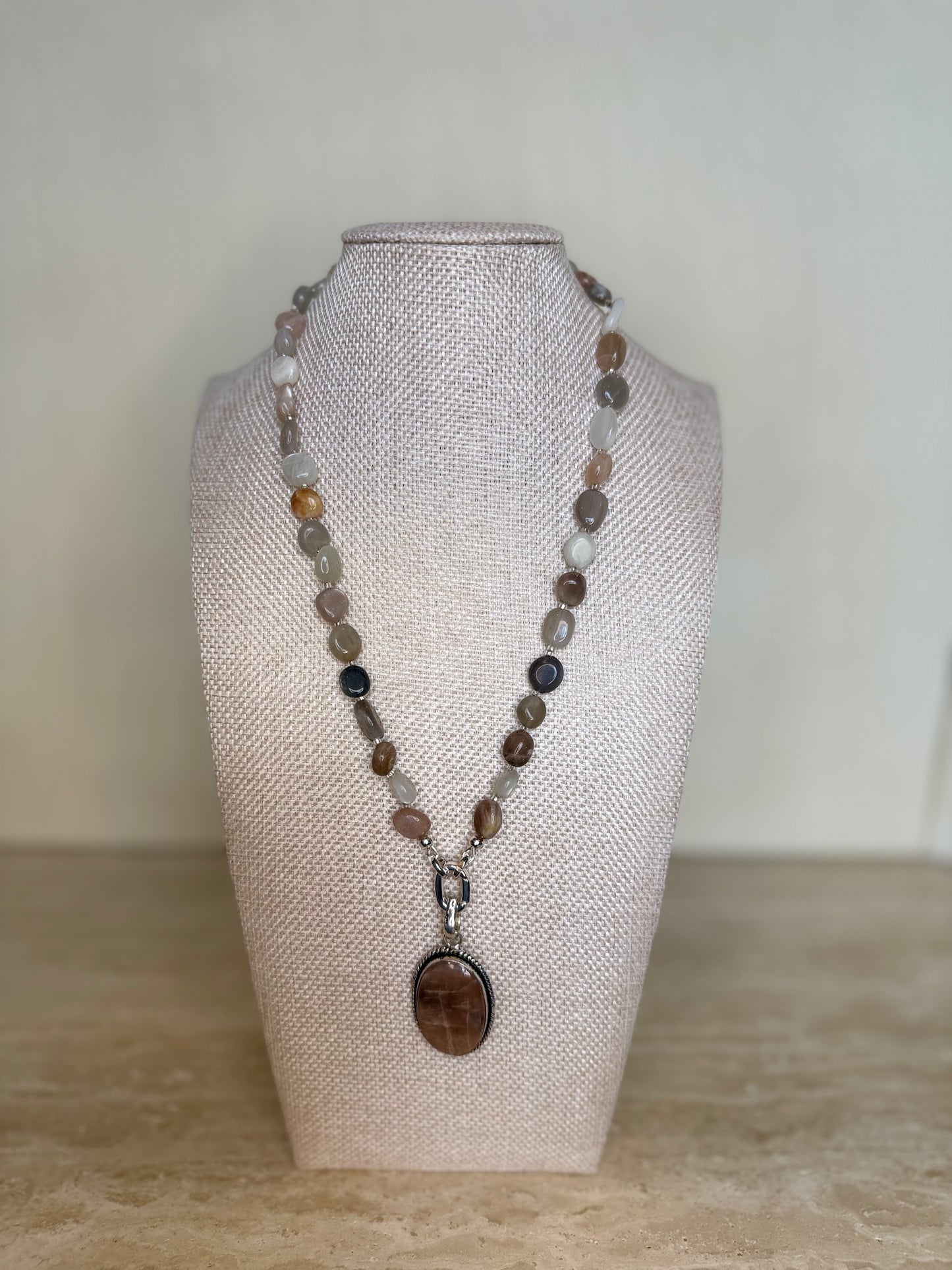 Chocolate Moonstone Necklace and Pendant - Silver Plated