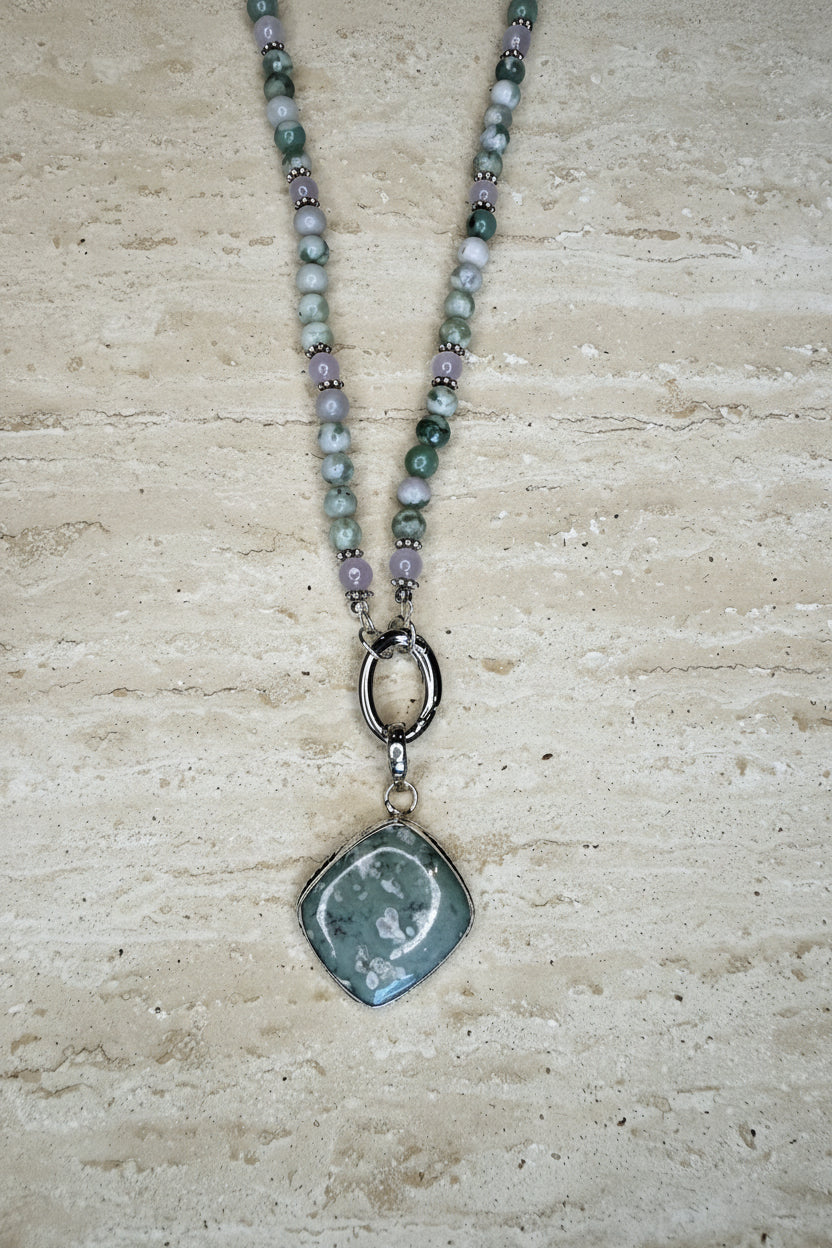 Peace Jade Necklace with Diamond Shaped Pendant - Silver Plated