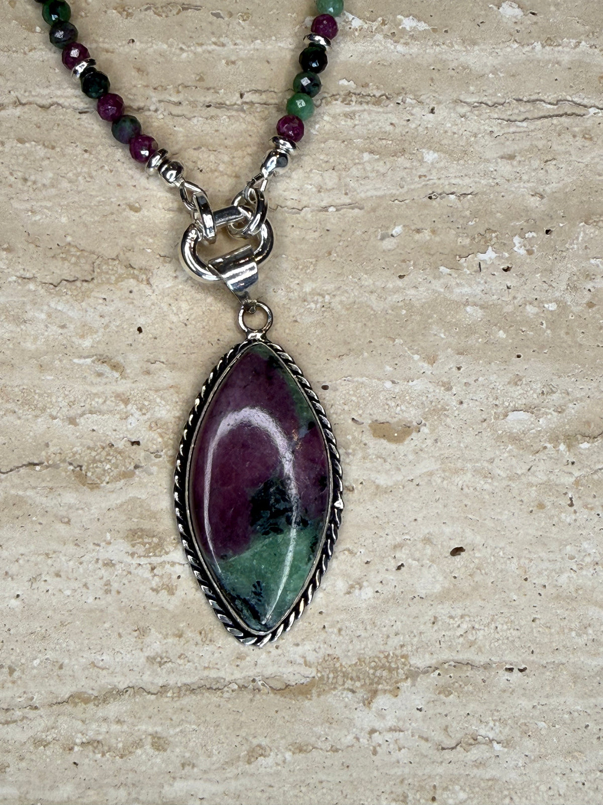 Ruby Zoisite Necklace and Pendant - Silver Plated