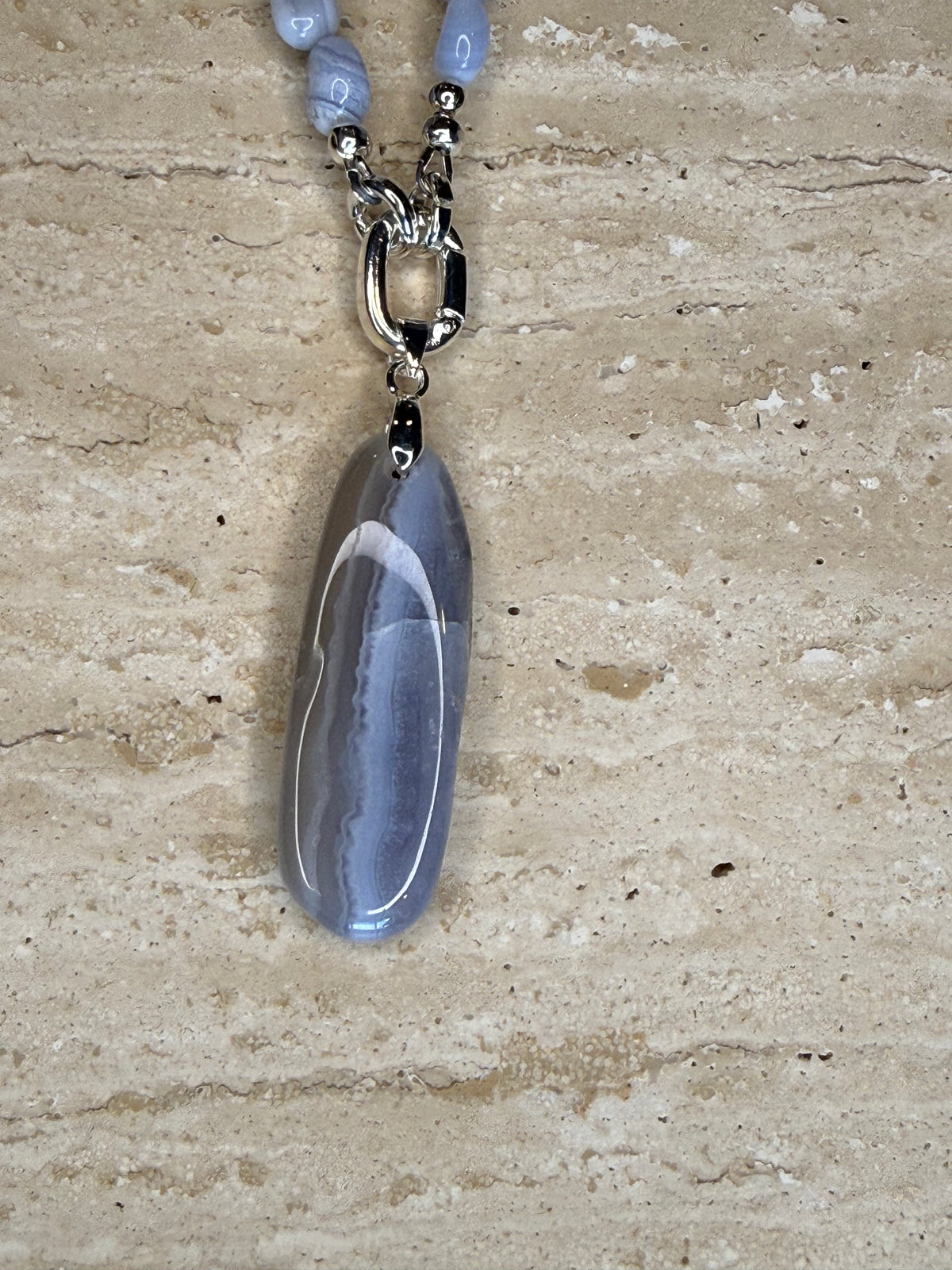 Blue Lace Agate Necklace and Pendant - Silver Plated