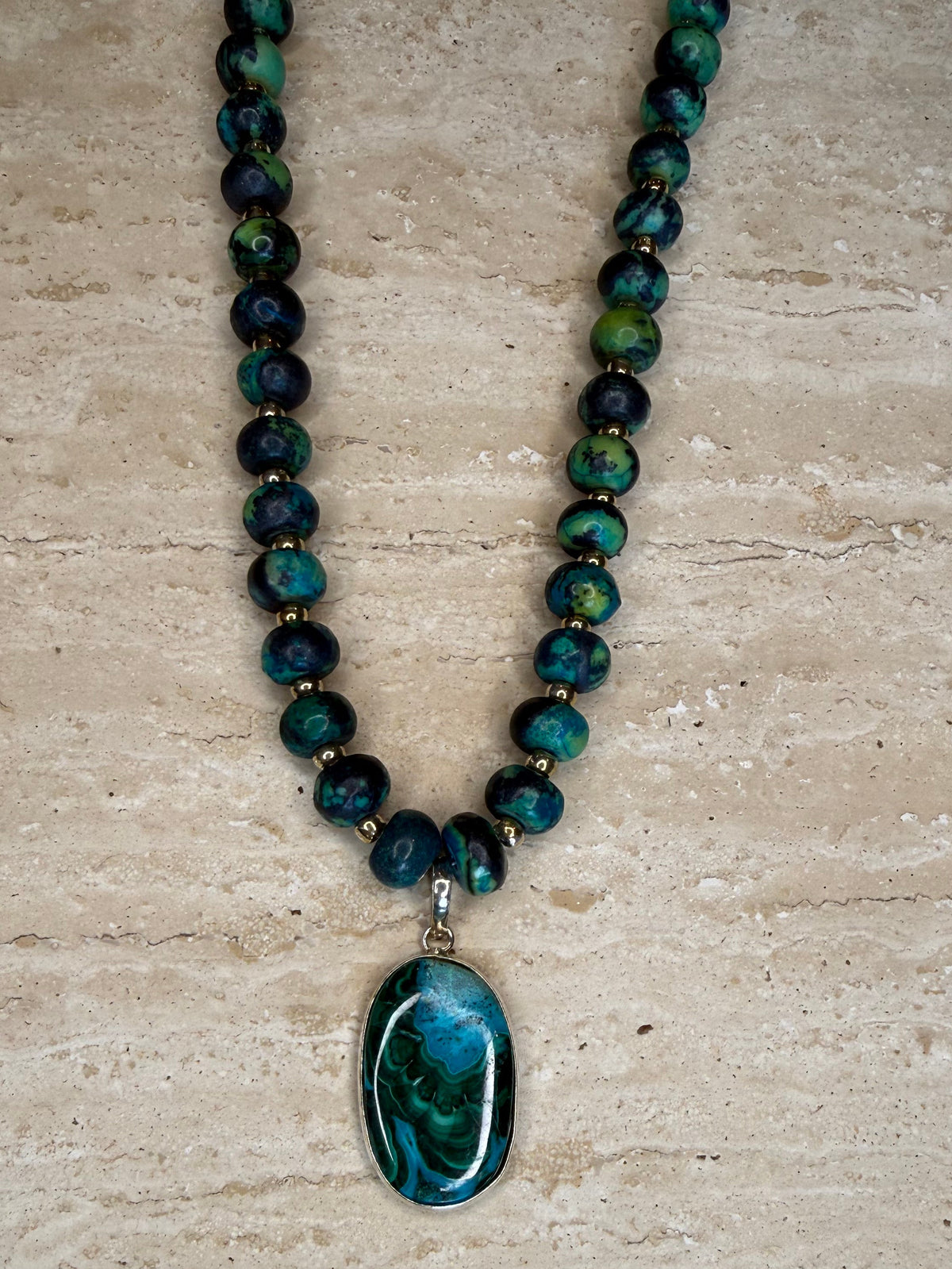 Chrysocolla Malachite Necklace and Pendant - Silver Plated