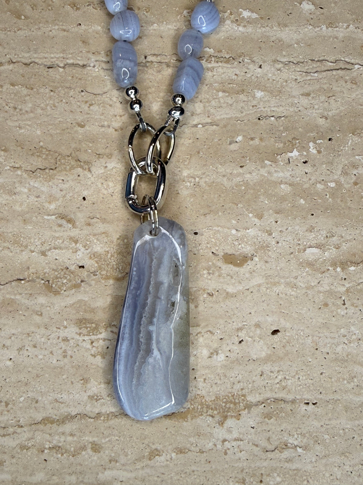 Blue Lace Agate Necklace and Pendant - Silver Plated