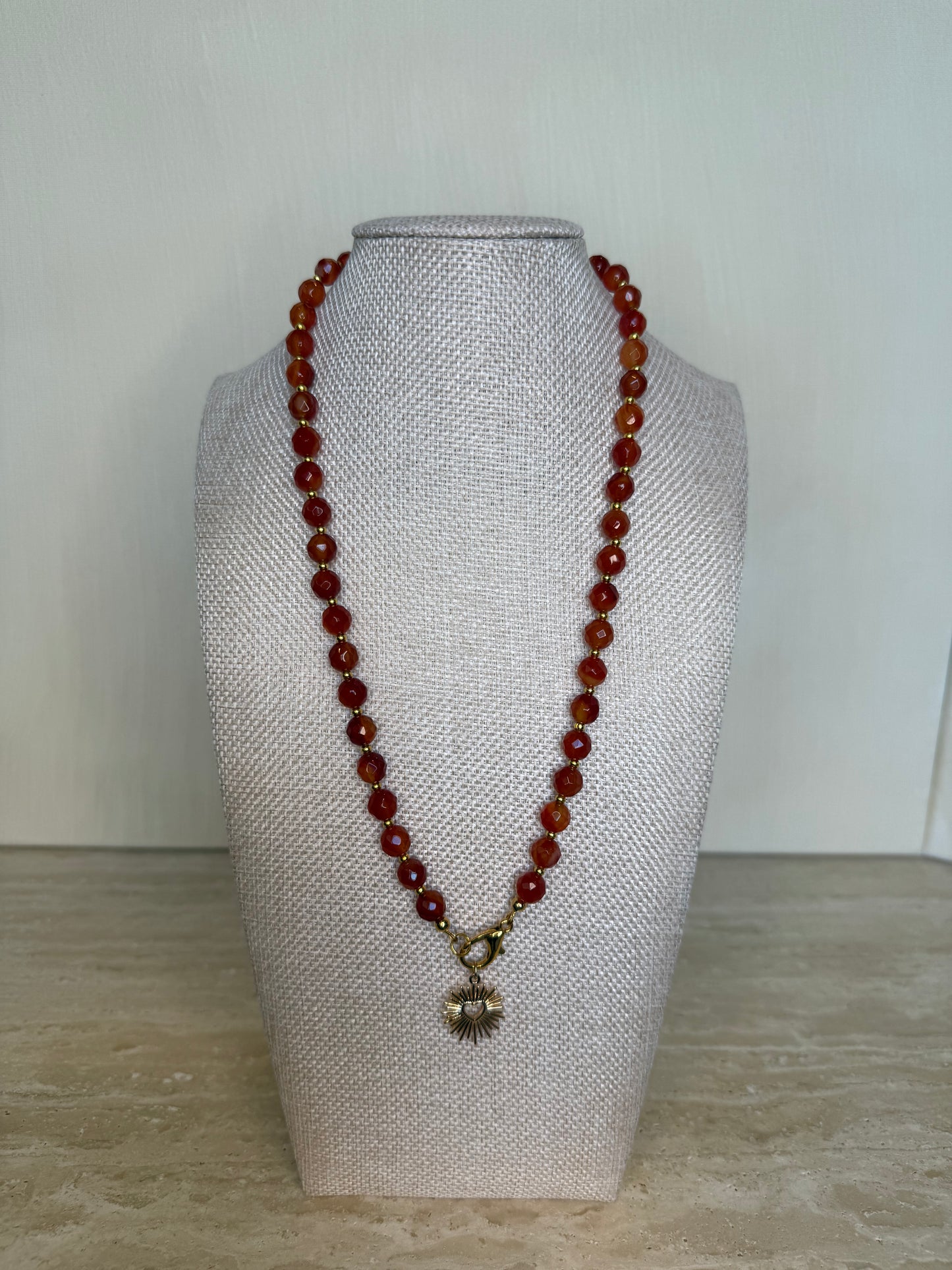 Carnelian Necklace with Sunburst Heart Pendant - Gold Plated