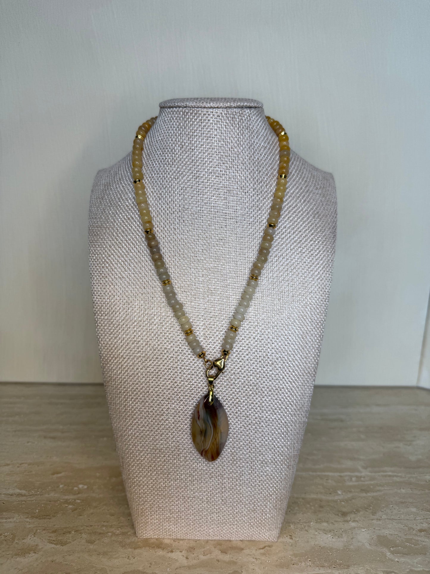 Malaysian Jade Necklace and Striped Agate Pendant - Gold Plated