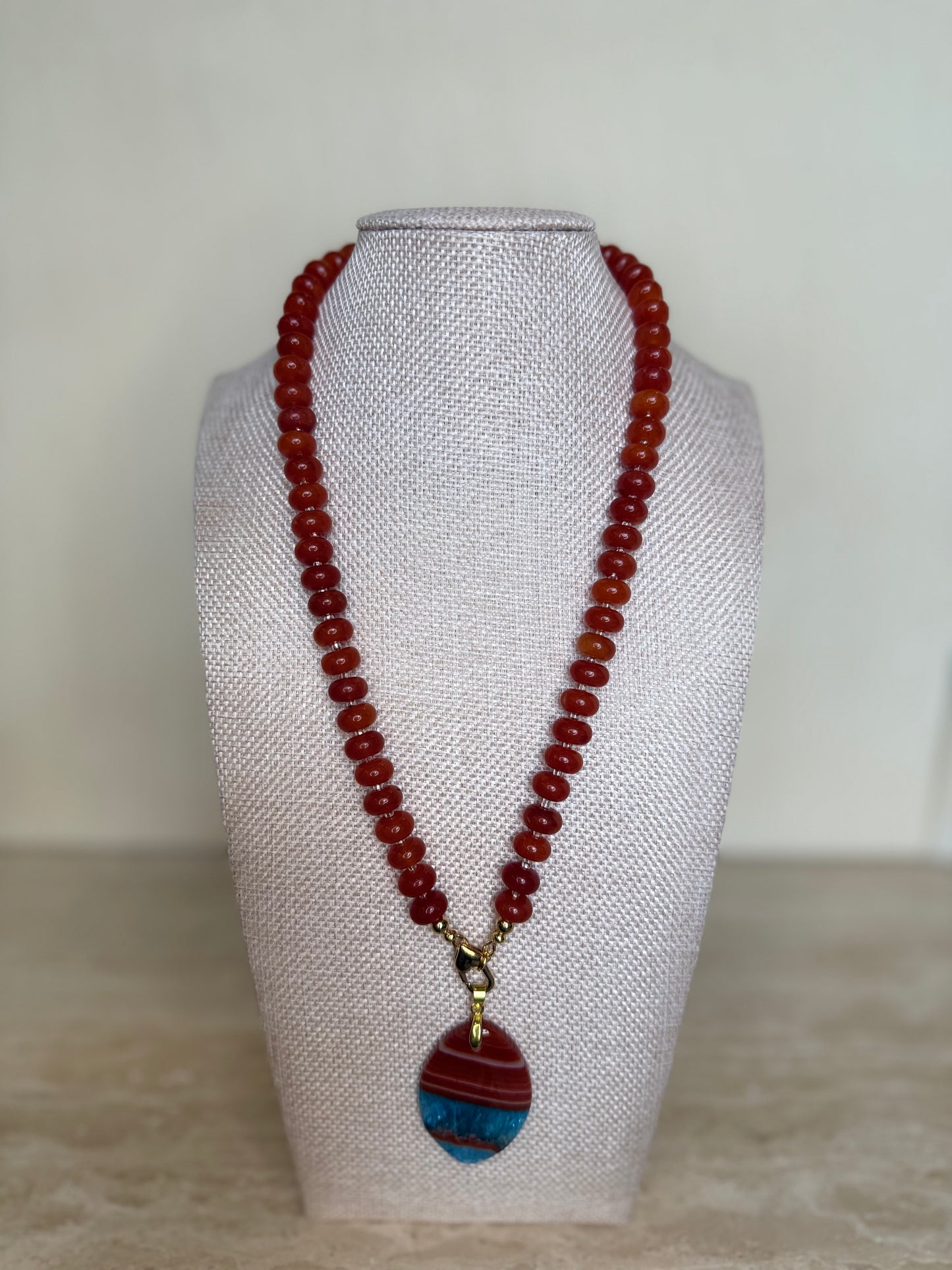 Carnelian Necklace with Agate Pendant -Gold Plated