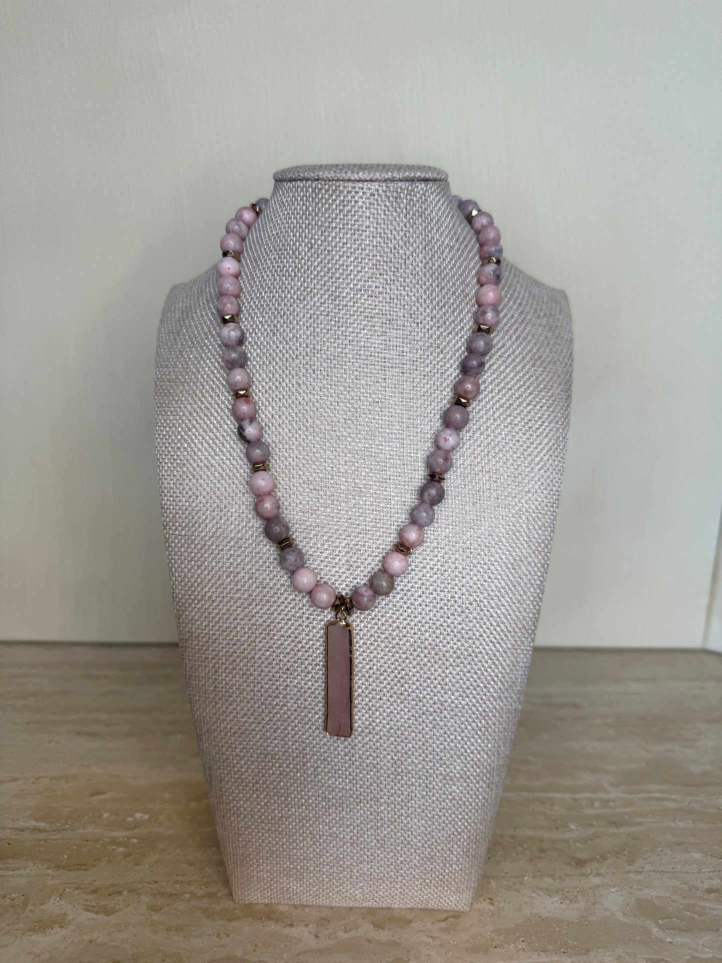 Cherry Blossom Jade with Rose Quartz Pendant - Gold Toned