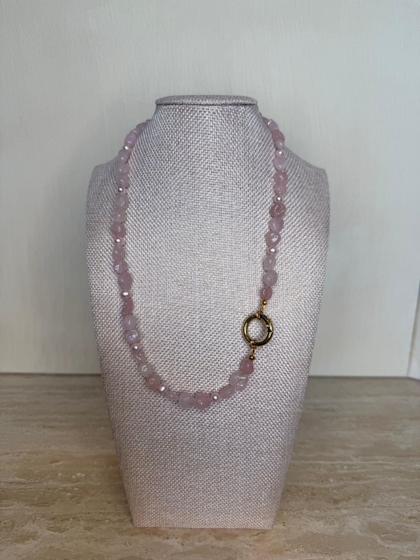 Madagascar Rose Quartz Necklace with Fresh Water Pearls - Gold Toned