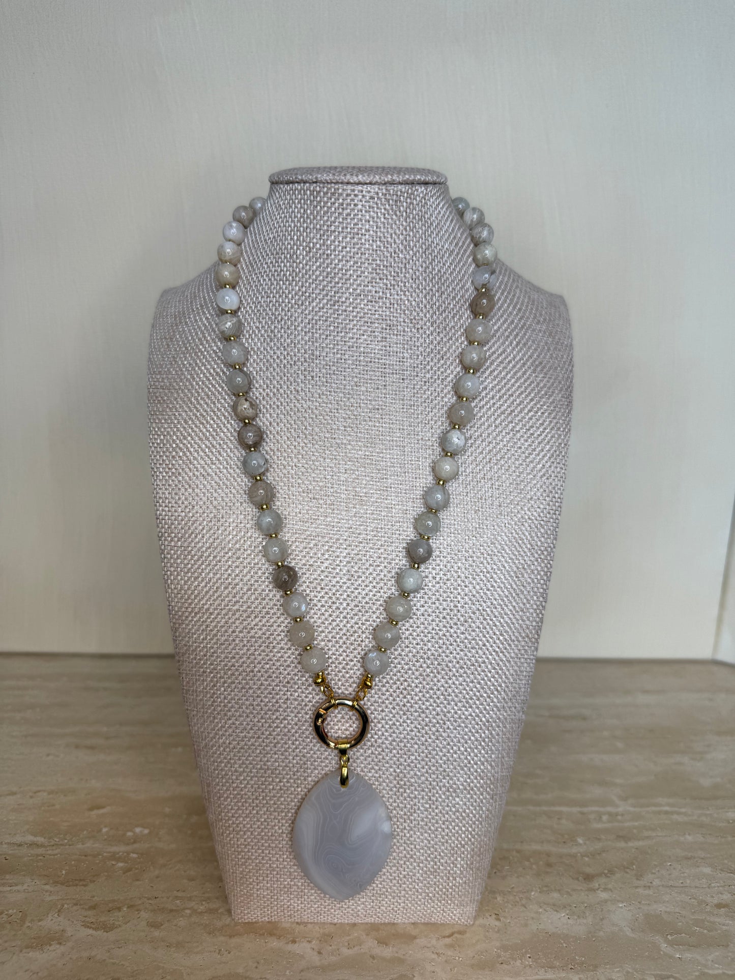Rainbow Moonstone and Laboradite Necklace with White Agate Pendant - Gold Toned