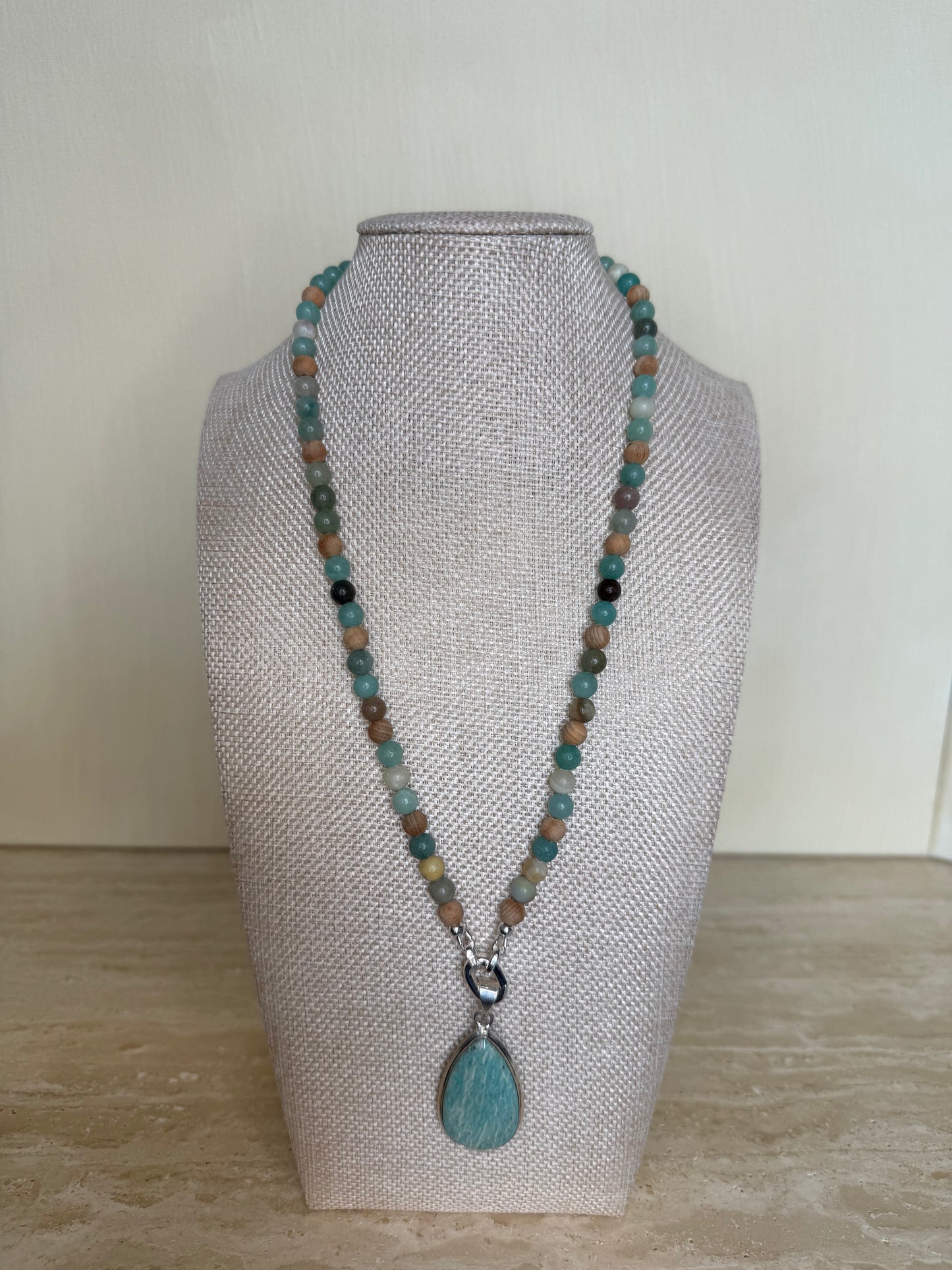 Amazonite and Wood Necklace and Pendant - Silver Plated