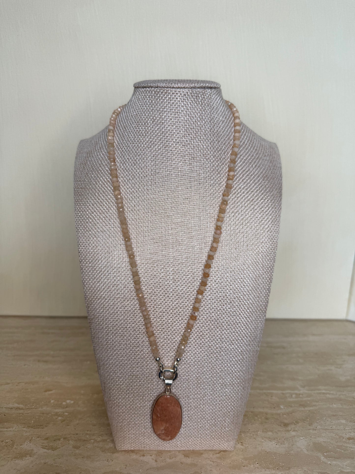 Malaysian Jade Necklace with Peach Moonstone Pendant - Silver Plated