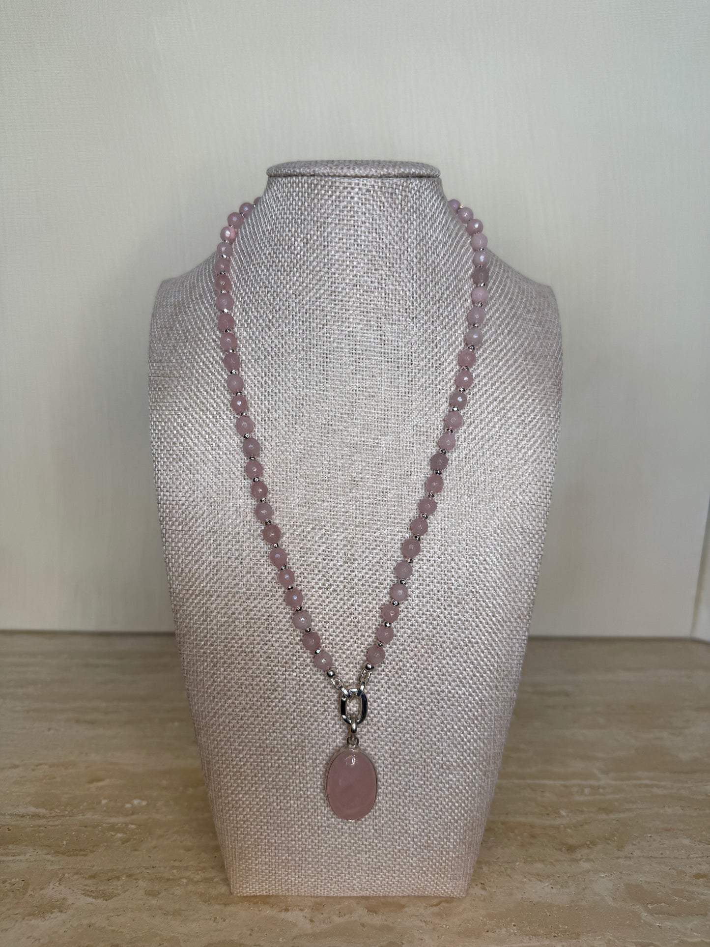 Rose Quartz Necklace and Pendant - Silver Plated