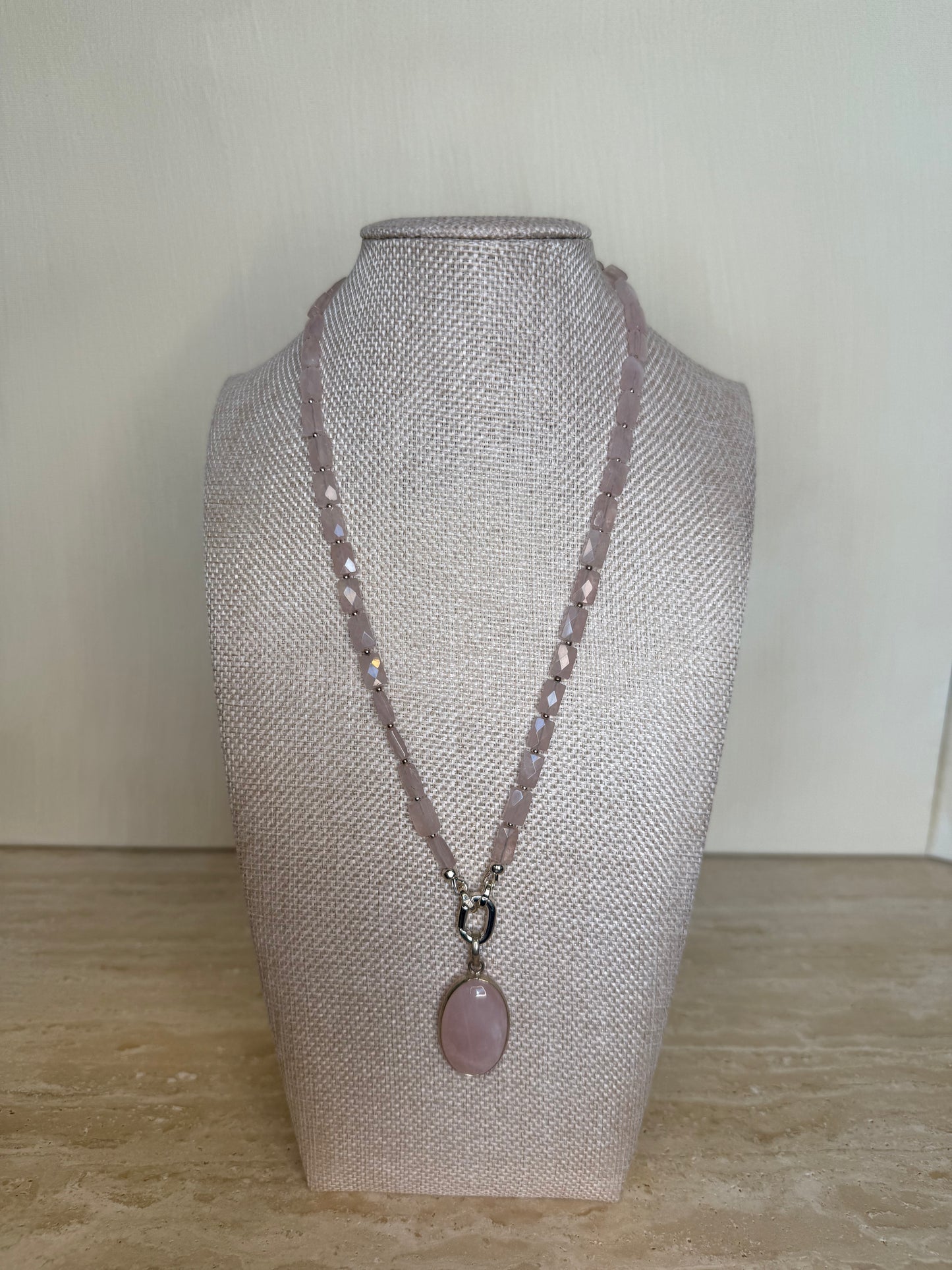 Rose Quartz Necklace and Pendant - Silver Plated