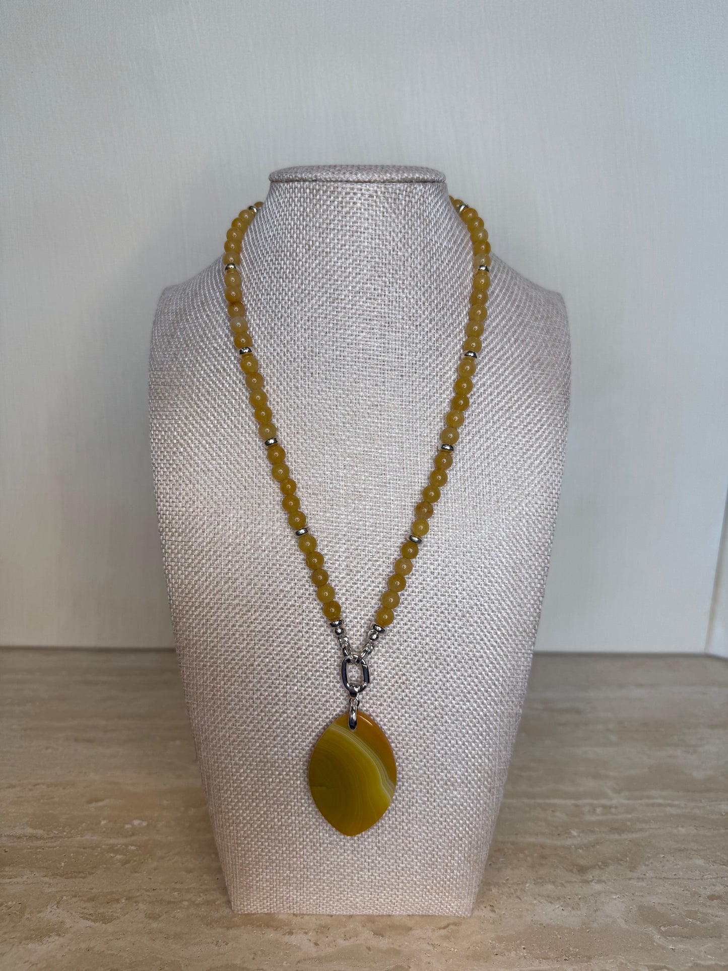 Honey Calcite Necklace with Striped Agate Pendant - Silver Plated