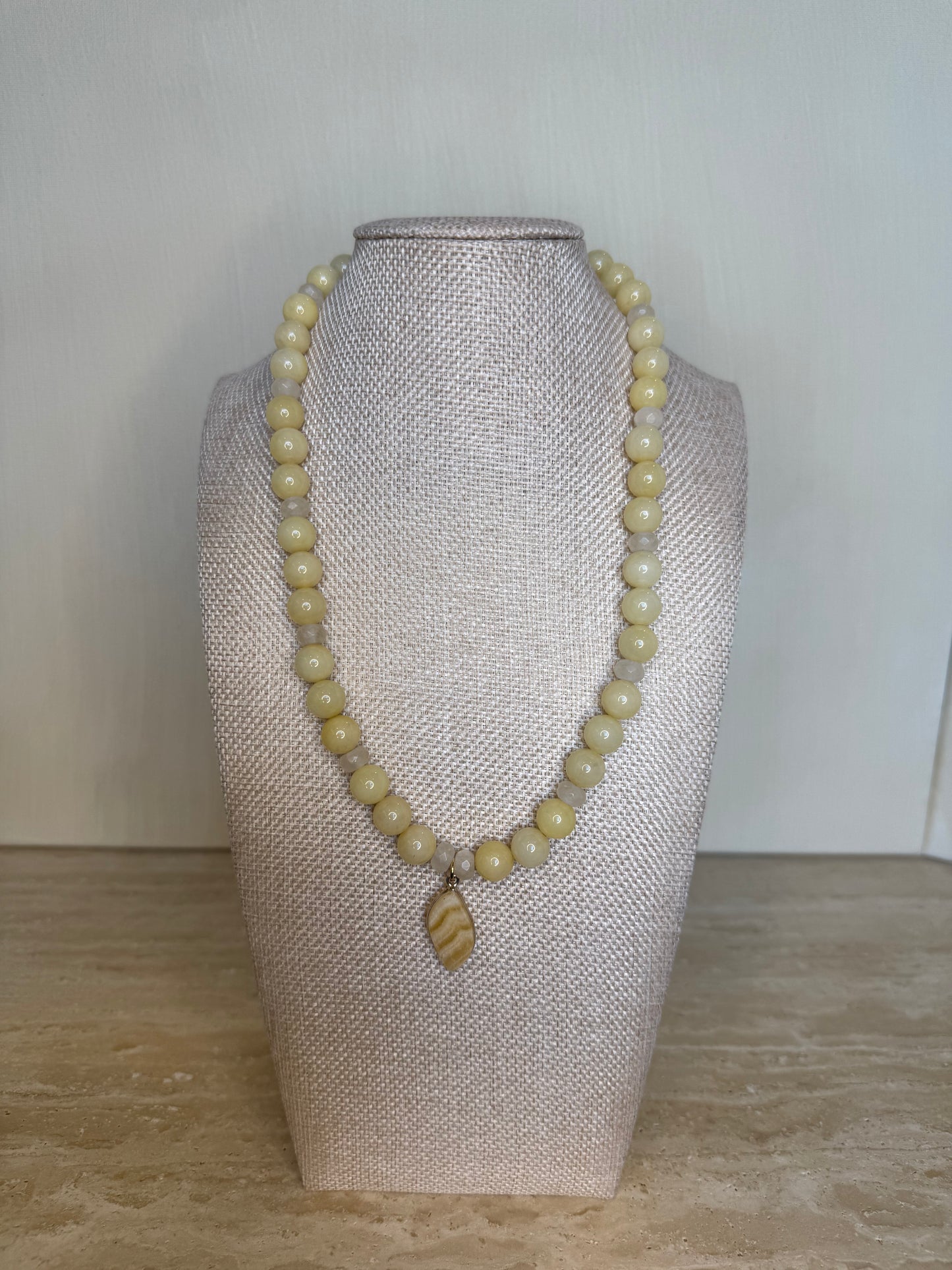 Lemon Jade and Quartz Necklace with Agate Pendant - Silver Plated