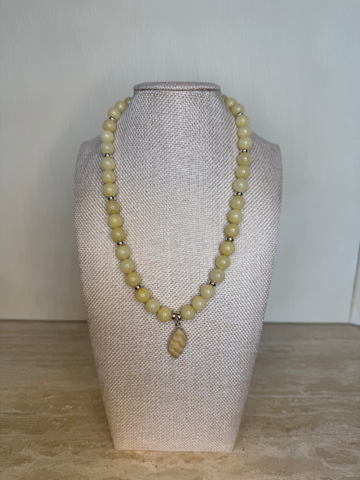 Lemon Jade Necklace with Agate Pendant - Silver Plated