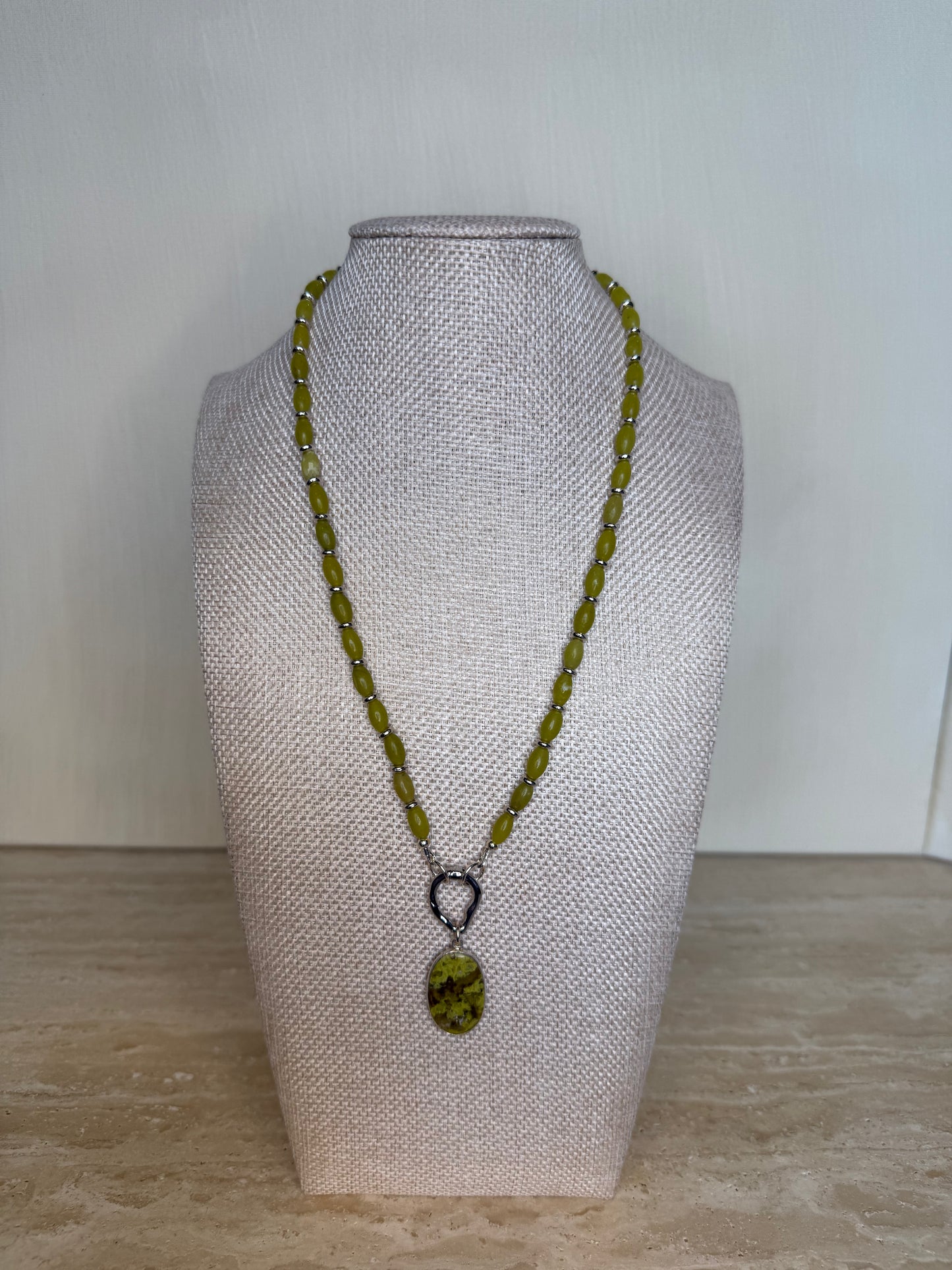 Olive Jade Necklace with Green Opal Pendant - Silver Plated