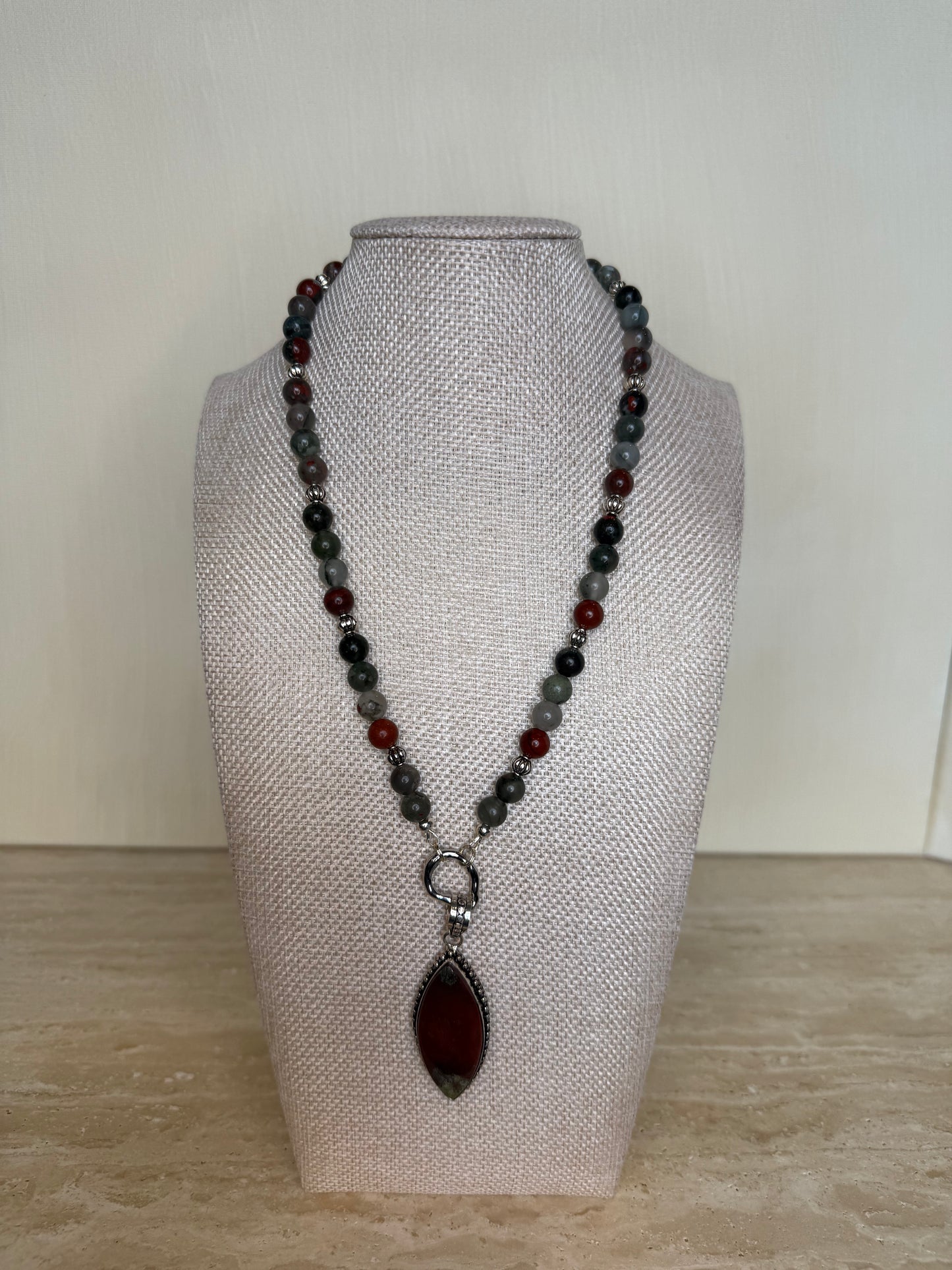 Dragon Blood Necklace with Bloodstone Pendant - Silver Plated
