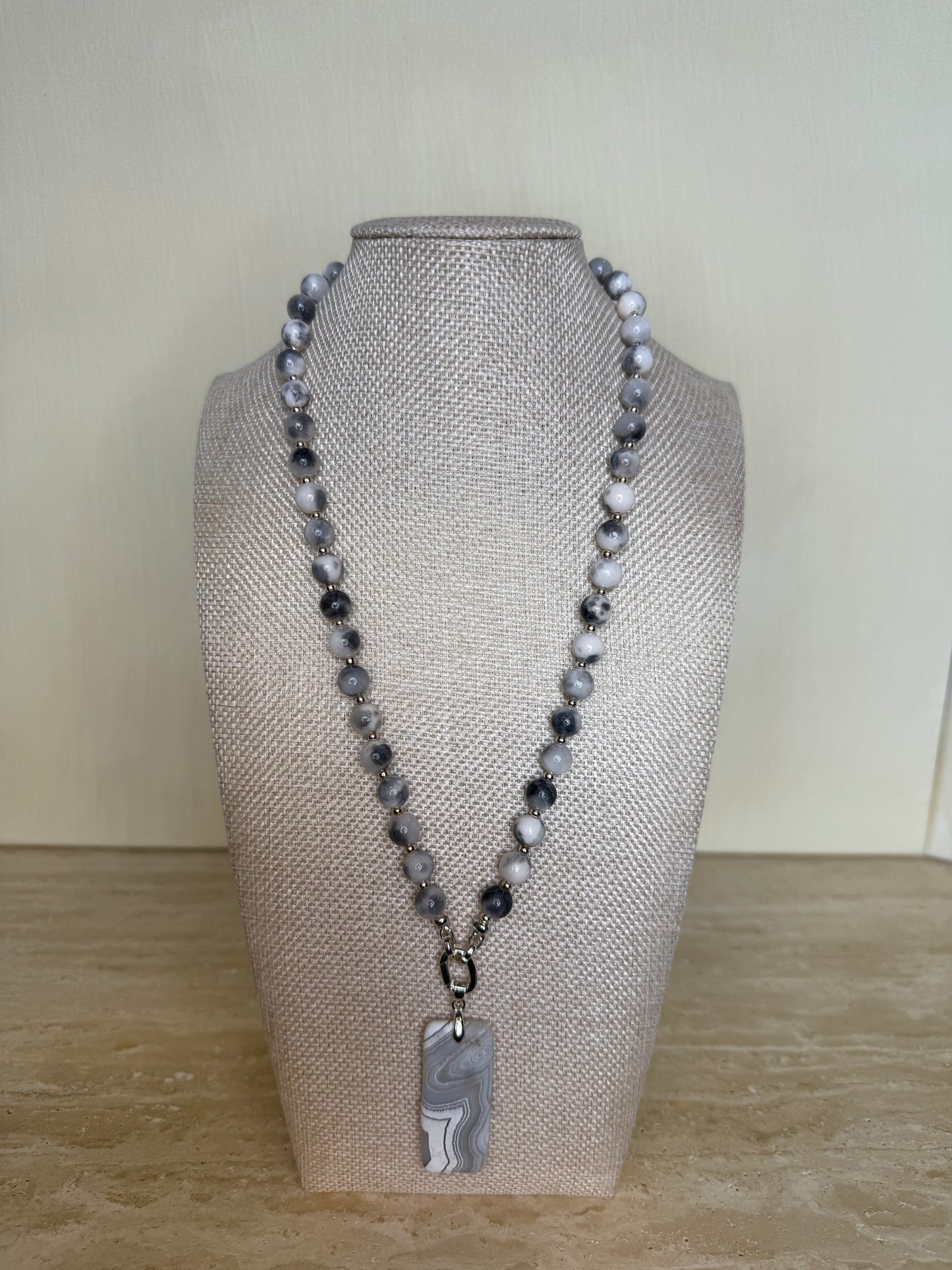 Hawkeye Agate Necklace with Matte Agate Pendant - Silver Plated