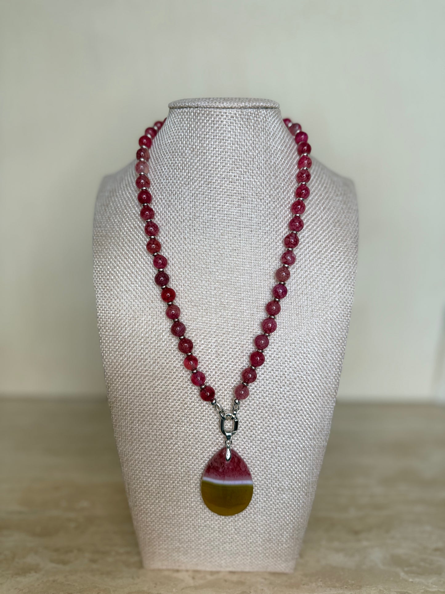 Pink Dragon Vein Agate Necklace and Pendant - Silver Plated