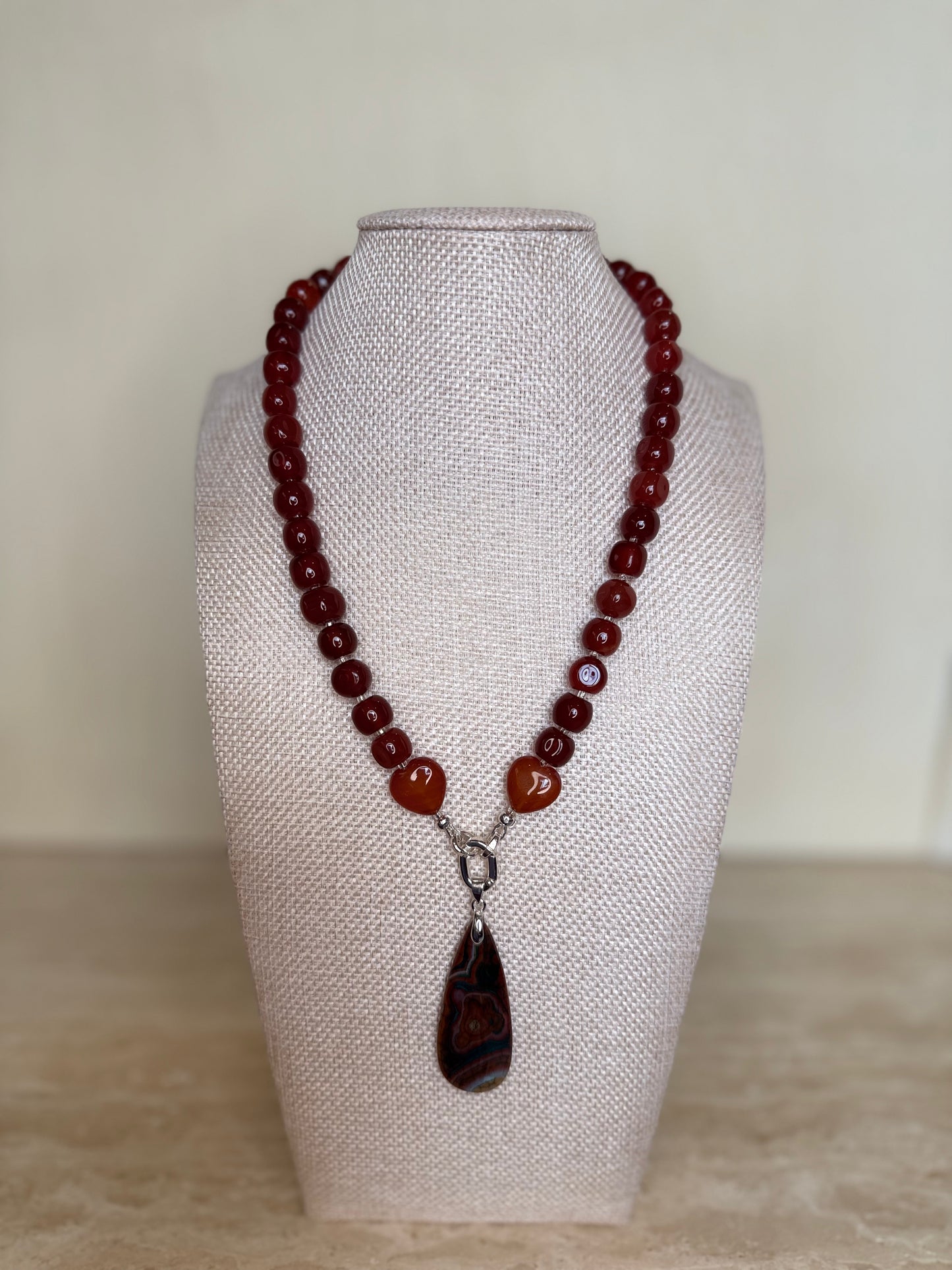 Carnelian Necklace with Agate Pendant - Silver Plated