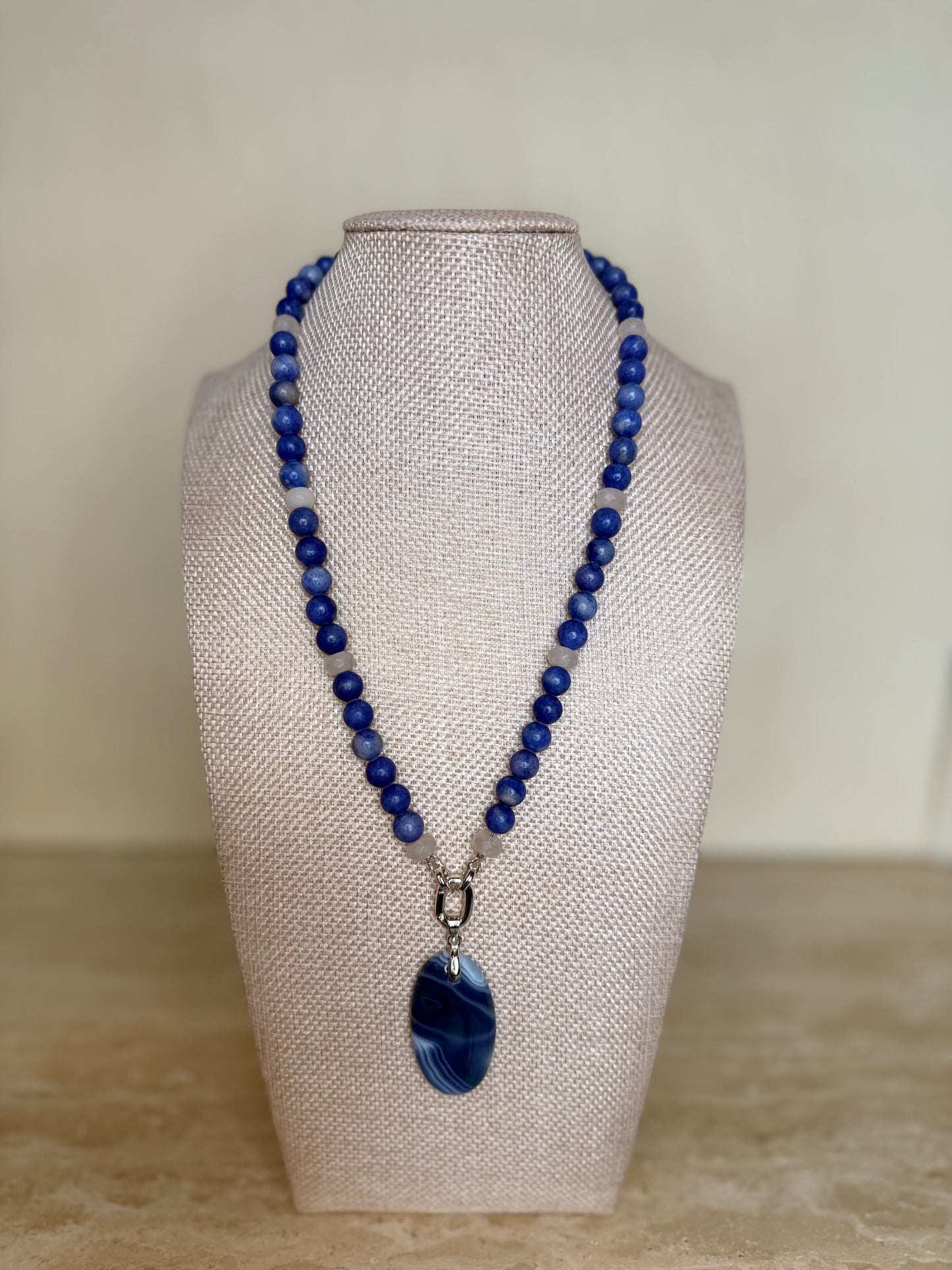 Blue Agate Necklace and Pendant - Silver Plated