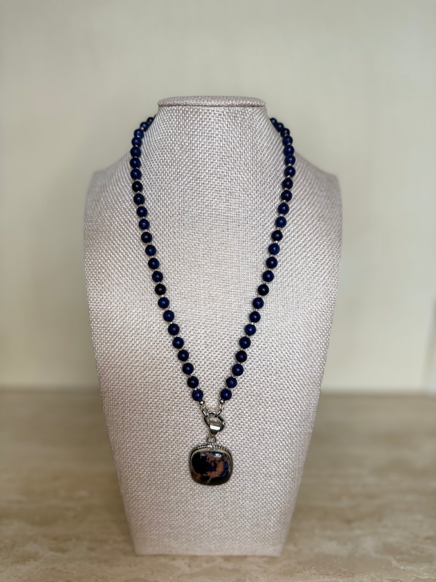 Lapis Lazuli Necklace with Sunset Sodalite Pendant - Silver Plated