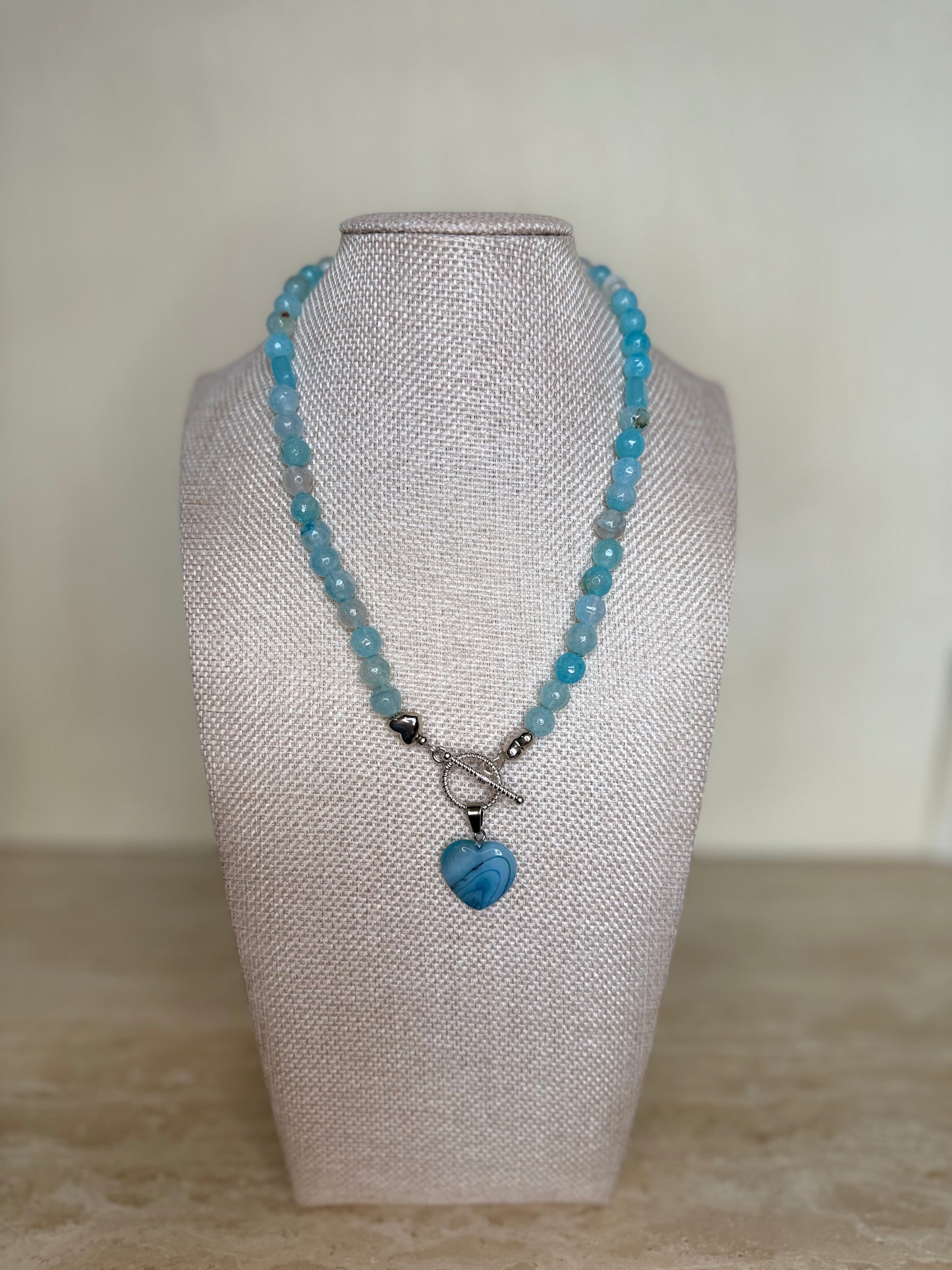 Crackle Agate Necklace and Banded Agate Heart Pendant - Silver Plated
