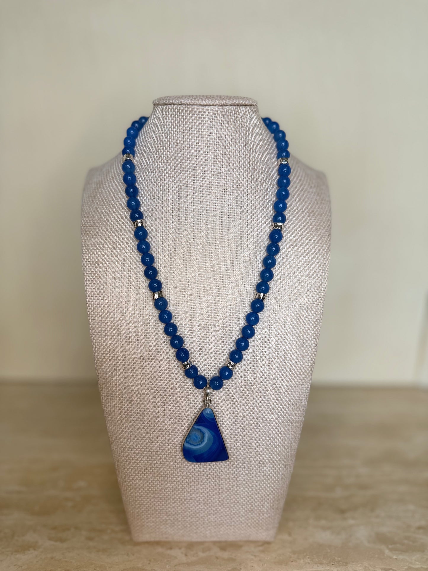 Blue Agate Necklace and Pendant - Silver Plated