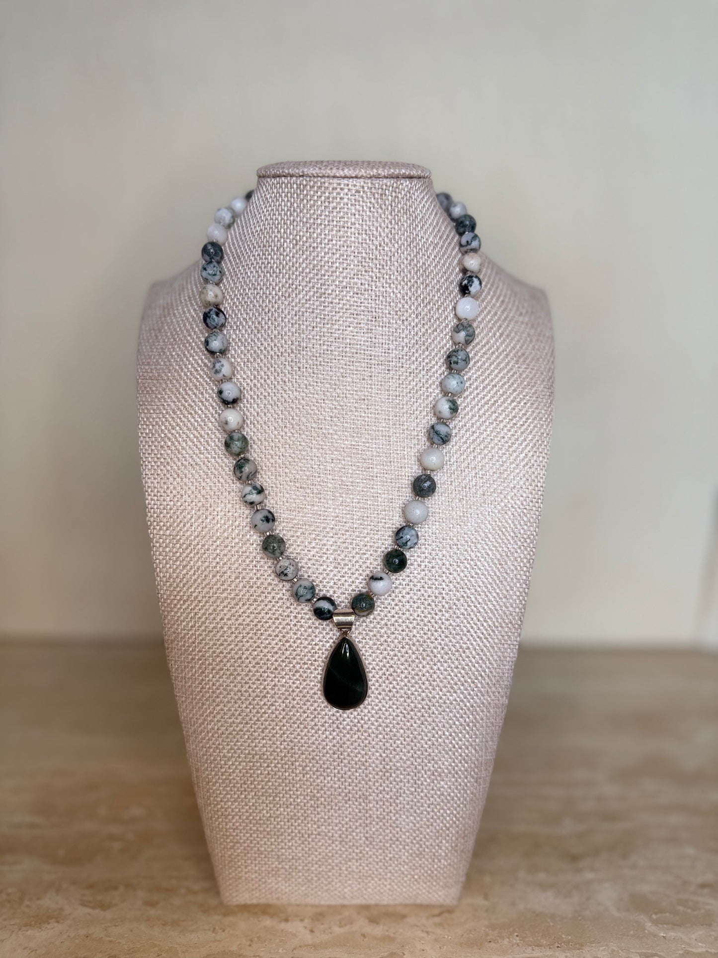 Tree Agate Necklace with Moss Agate Pendant - Silver Plated